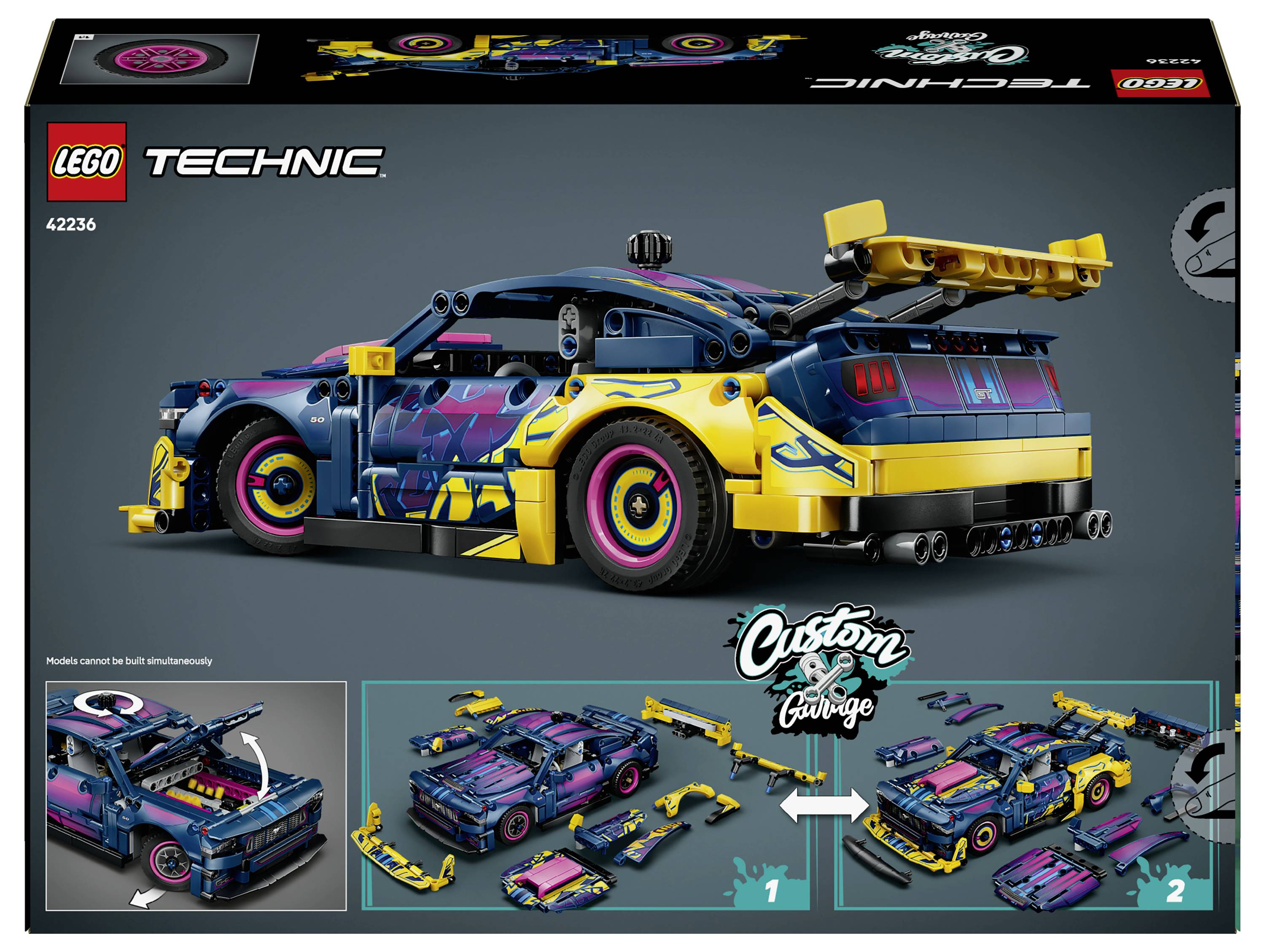 LEGO Technic 42236 obalový design zobrazující barevné vlastní sportovní auto se zadním křídlem; spodní panely ukazují součásti stavby a kroky transformace.