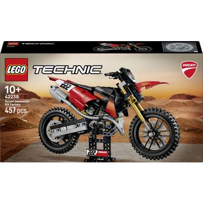 Krabice LEGO Technic modelu Ducati zobrazující červeno-černou motorku Ducati Desmo450 MX Factory, od 10+ let, souprava 42238, 457 dílků.