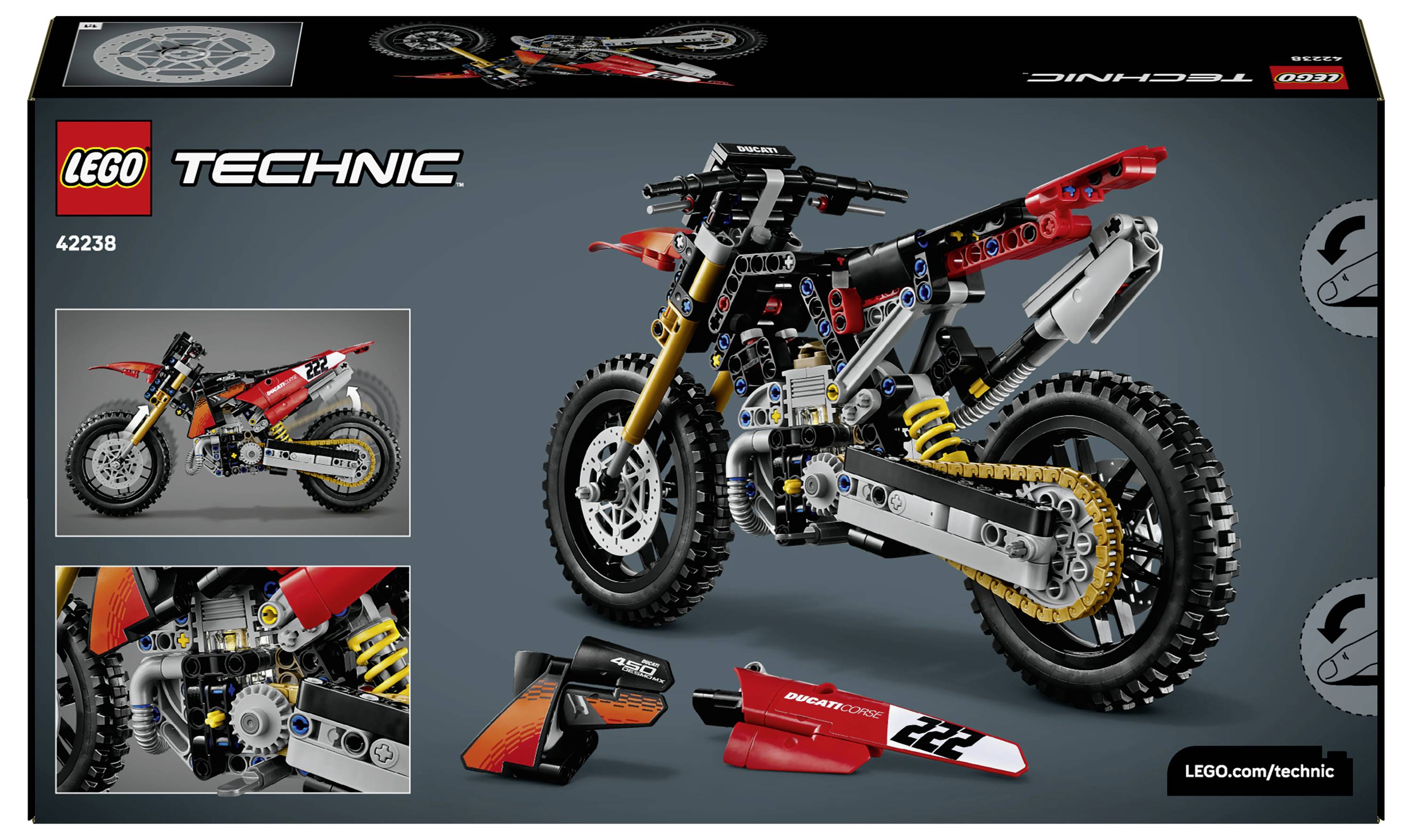 LEGO Technic krabice pro sadu 42238 zobrazující červeno-černý terenní motocykl s detailními prvky stavby a náhradními díly