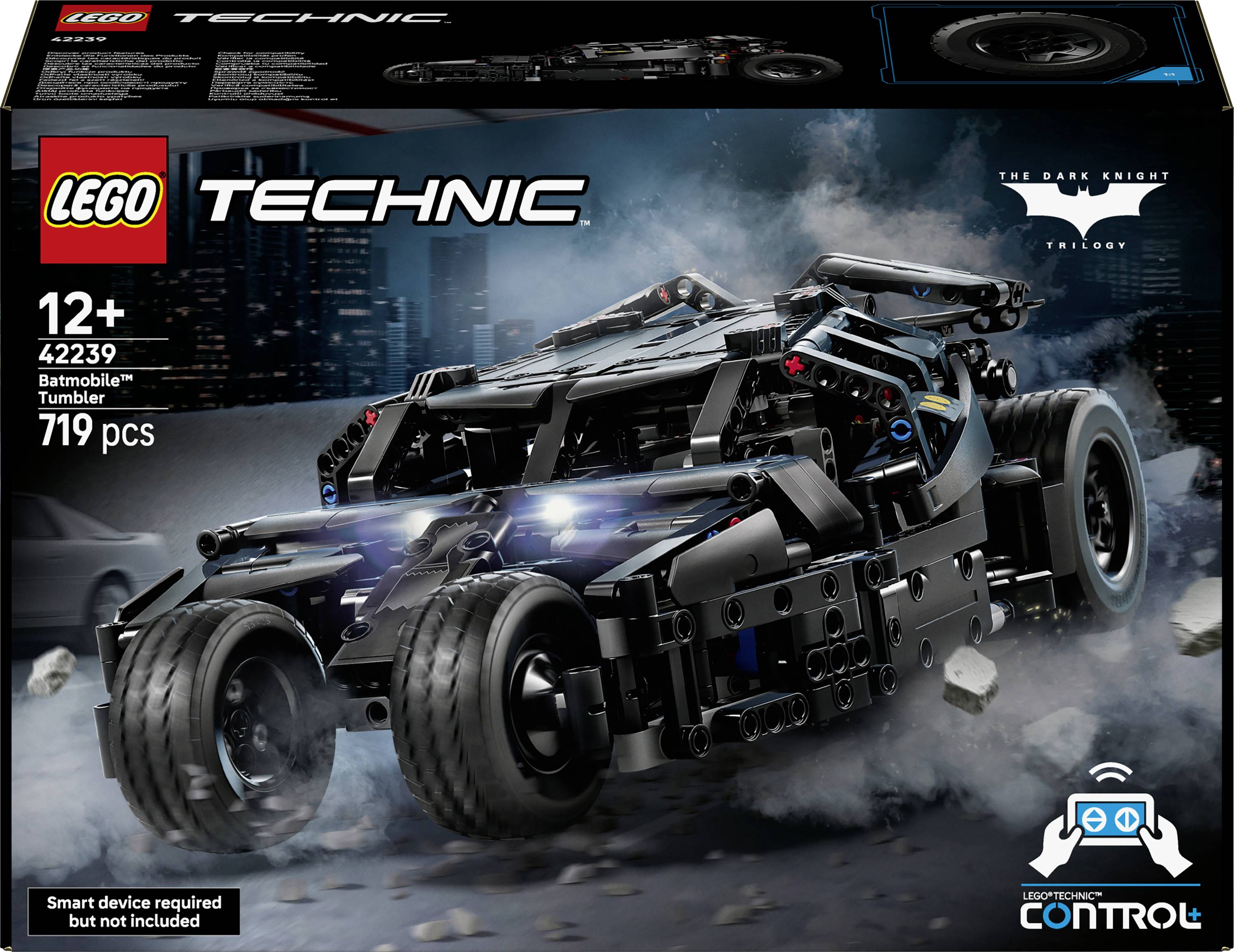 LEGO Technic Batman Batmobile Tumbler sada s obálkou, věk 12+, 42239, 719 dílů, s Batmobilem projíždějícím kouřem a troskami.