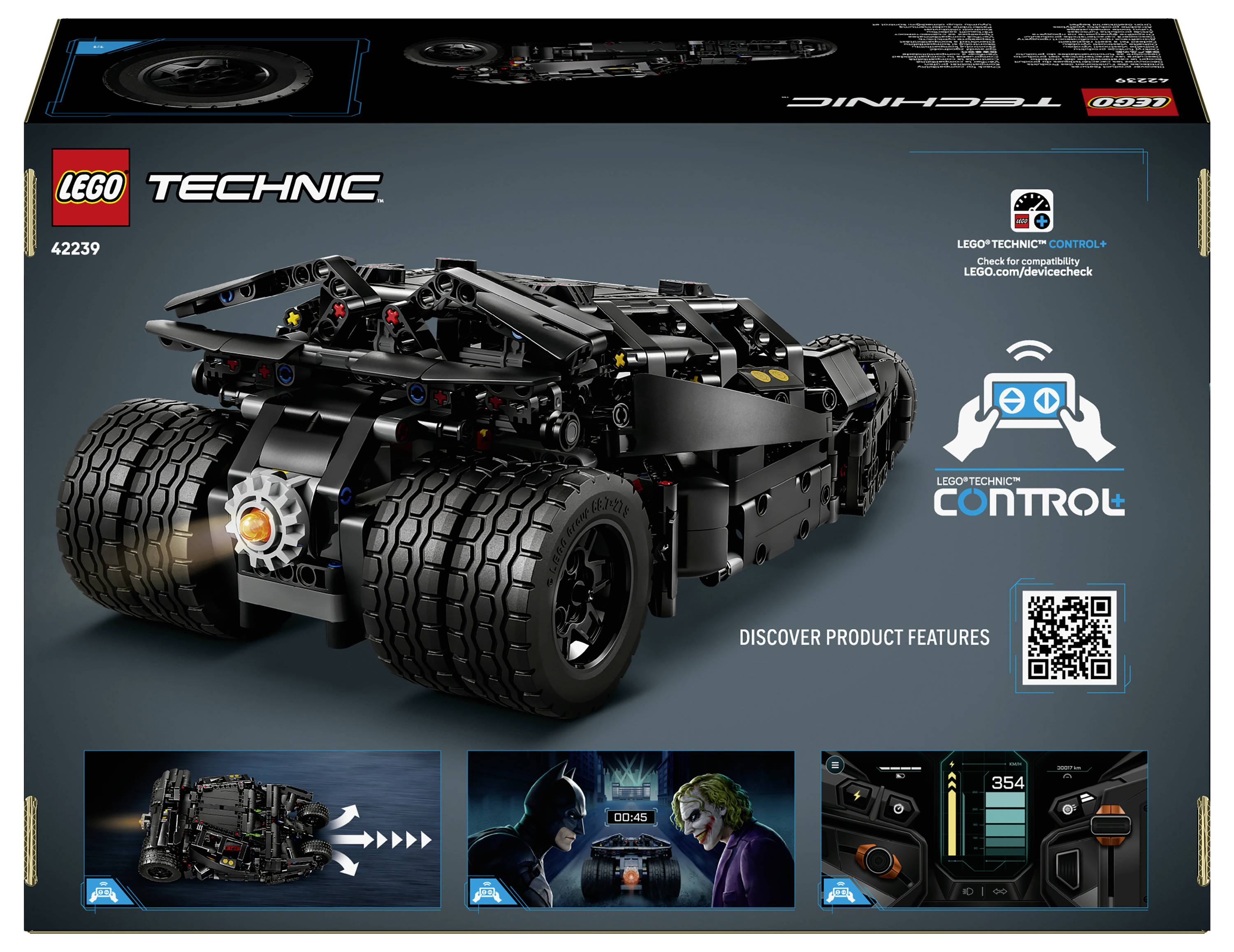 LEGO Technic 42239 krabice zobrazující černý batmobilový styl auta a ikonu aplikace 'CONTROL', s miniaturami produktových funkcí a QR kódem.