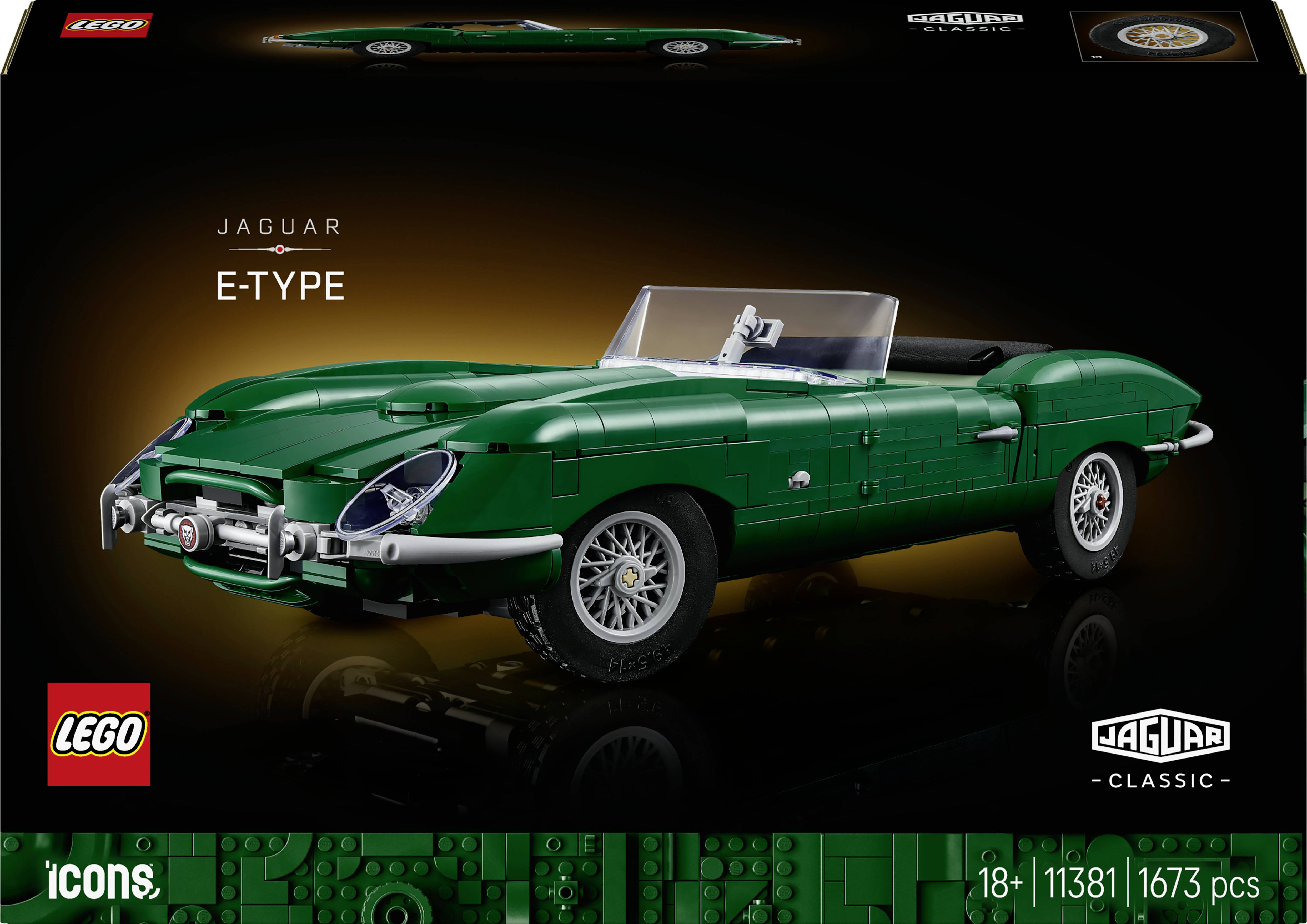 Souprava LEGO Icons Jaguar E-Type klasického automobilu zobrazená se zeleným kabrioletovým modelem a balením, označena 18+, 11381, 1673 součástí.