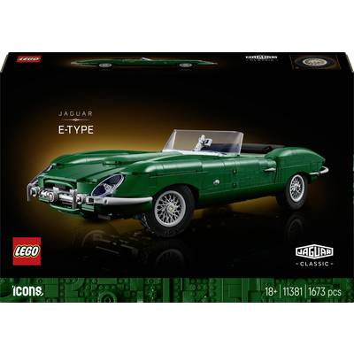 Souprava LEGO Icons Jaguar E-Type klasického automobilu zobrazená se zeleným kabrioletovým modelem a balením, označena 18+, 11381, 1673 součástí.
