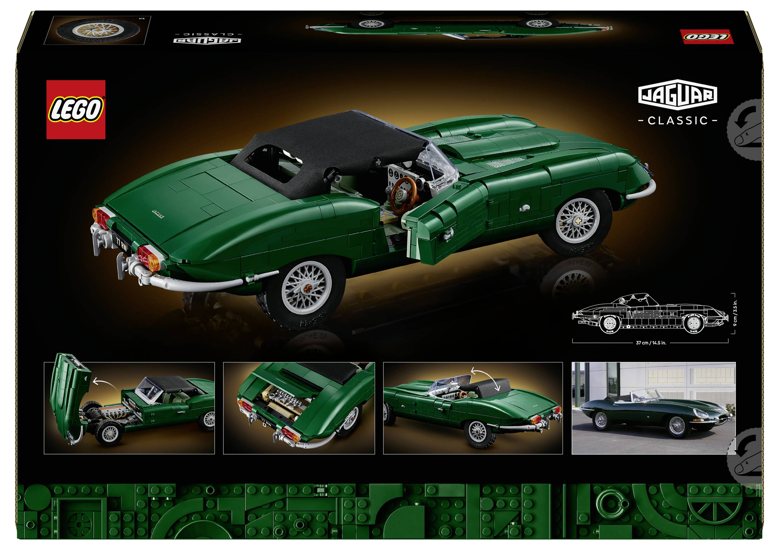 LEGO Icons Jaguar Classic sada v krabici s modelem zeleného Jaguar E-Type roadsteru s více pohledu na stavbu a značkou "Jaguar Classic".