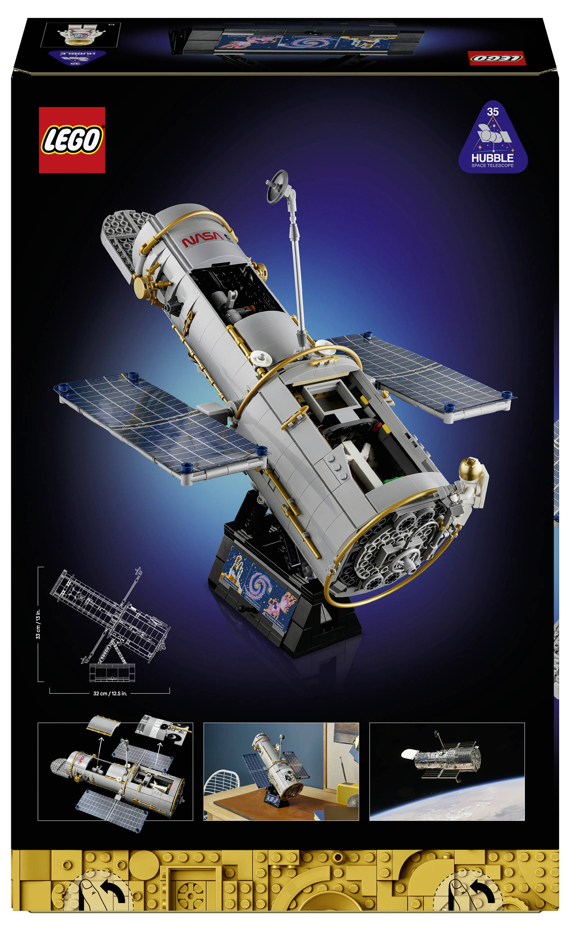 LEGO Hubbleův vesmírný dalekohled sada s krabicí art zobrazující Hubbleův dalekohled stavěný z cihel se slunečními panely a stojanem pro vystavení, označený '35 Hubble'.