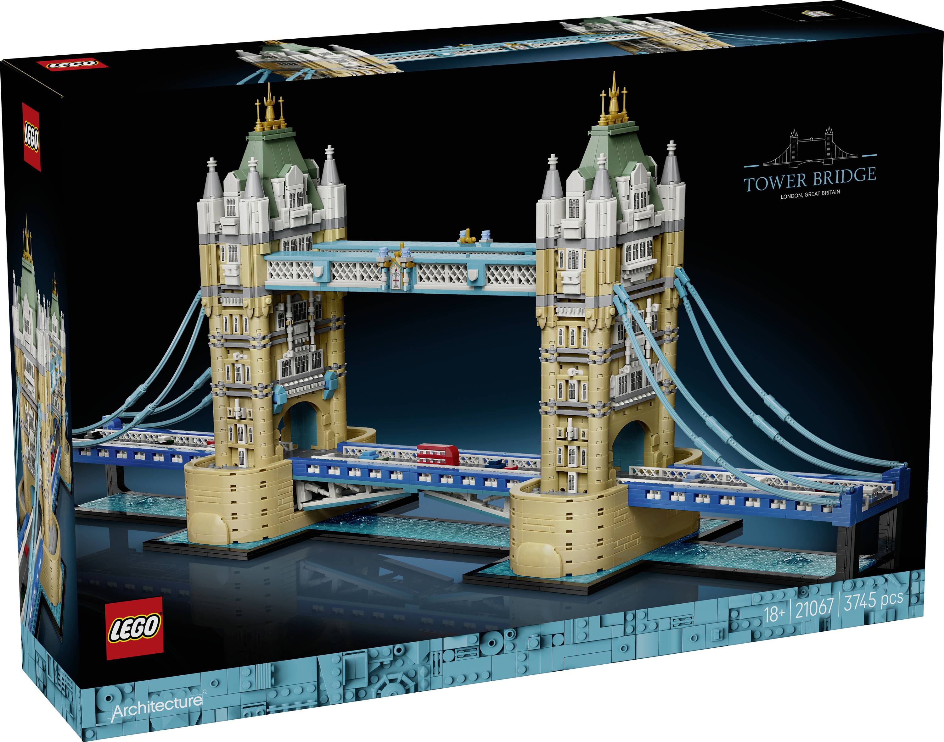 Sada LEGO Architecture Tower Bridge na krabici zobrazující model Londýnského mostu Tower Bridge, věk 18+, 3745 dílků.