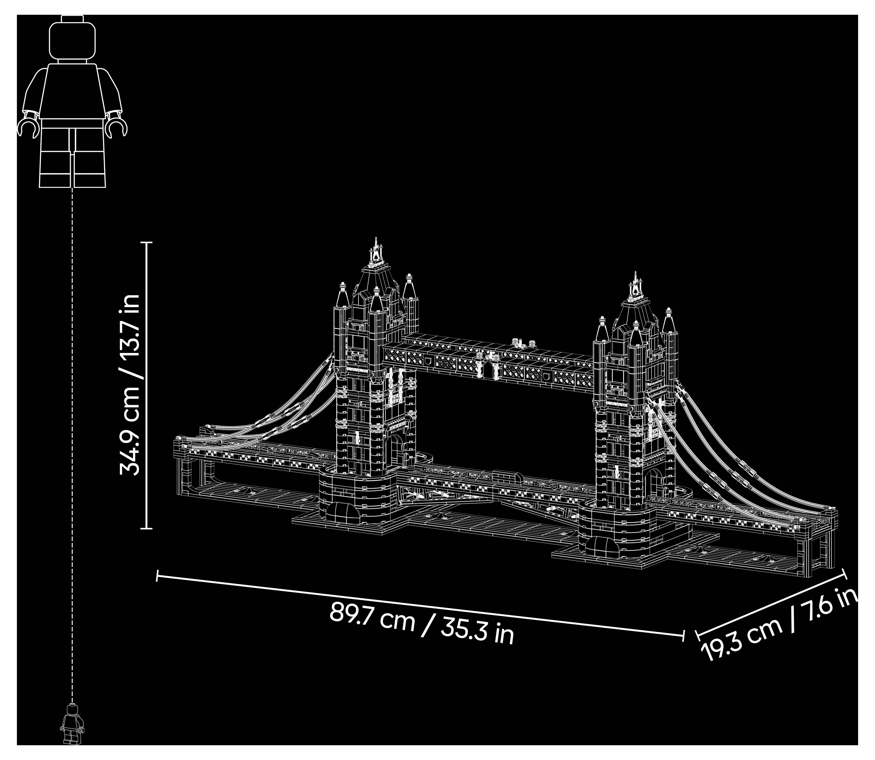 Model Tower Bridge v stylu Lego zobrazený s rozměry 89,7 cm na šířku, 19,3 cm na hloubku a 34,9 cm na výšku.