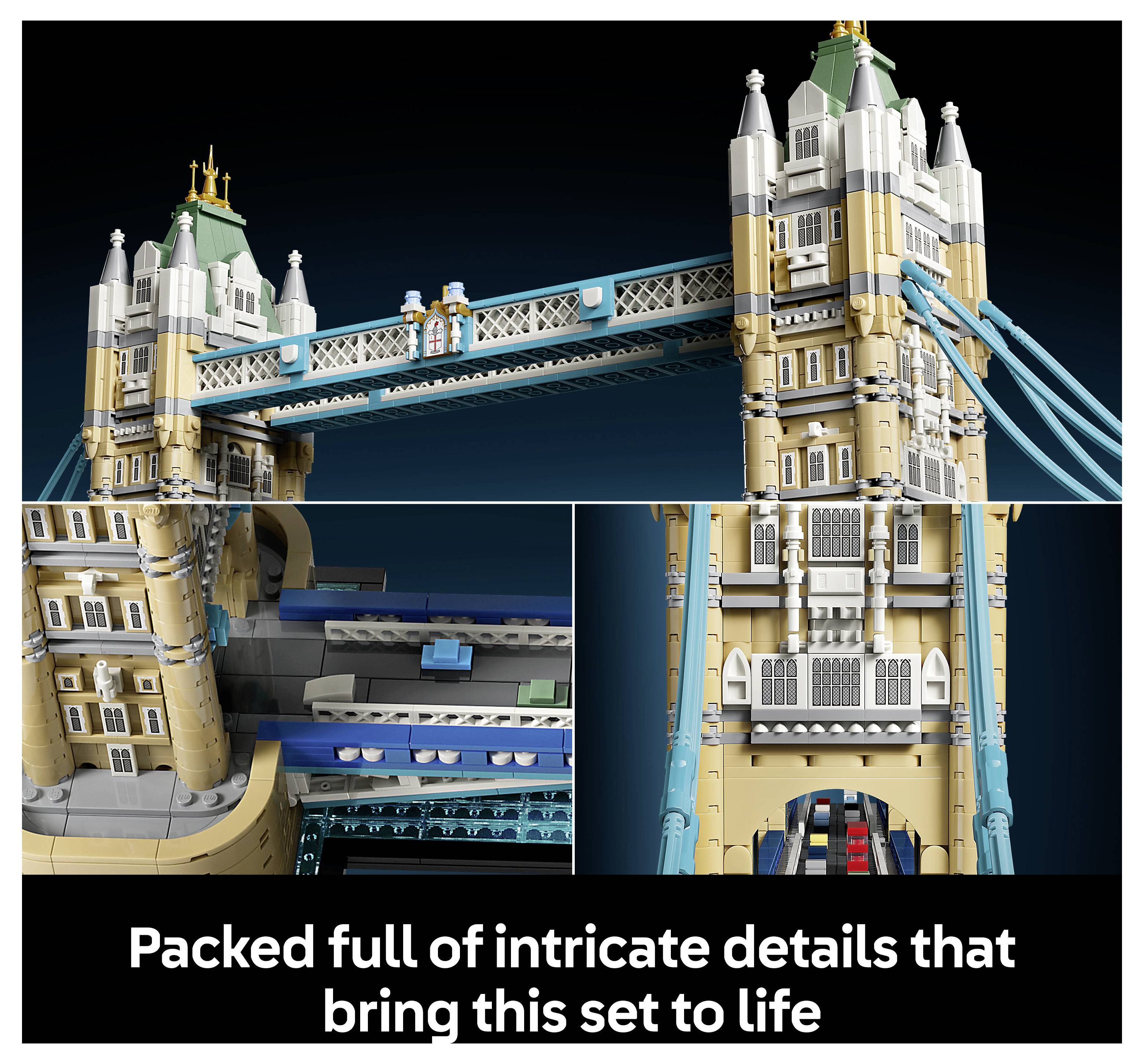 Koláž detailního modelu LEGO Tower Bridge zobrazující věže mostu, rozpětí, vozovku a titulek „Plný složitých detailů, které tento set přivádějí k životu".