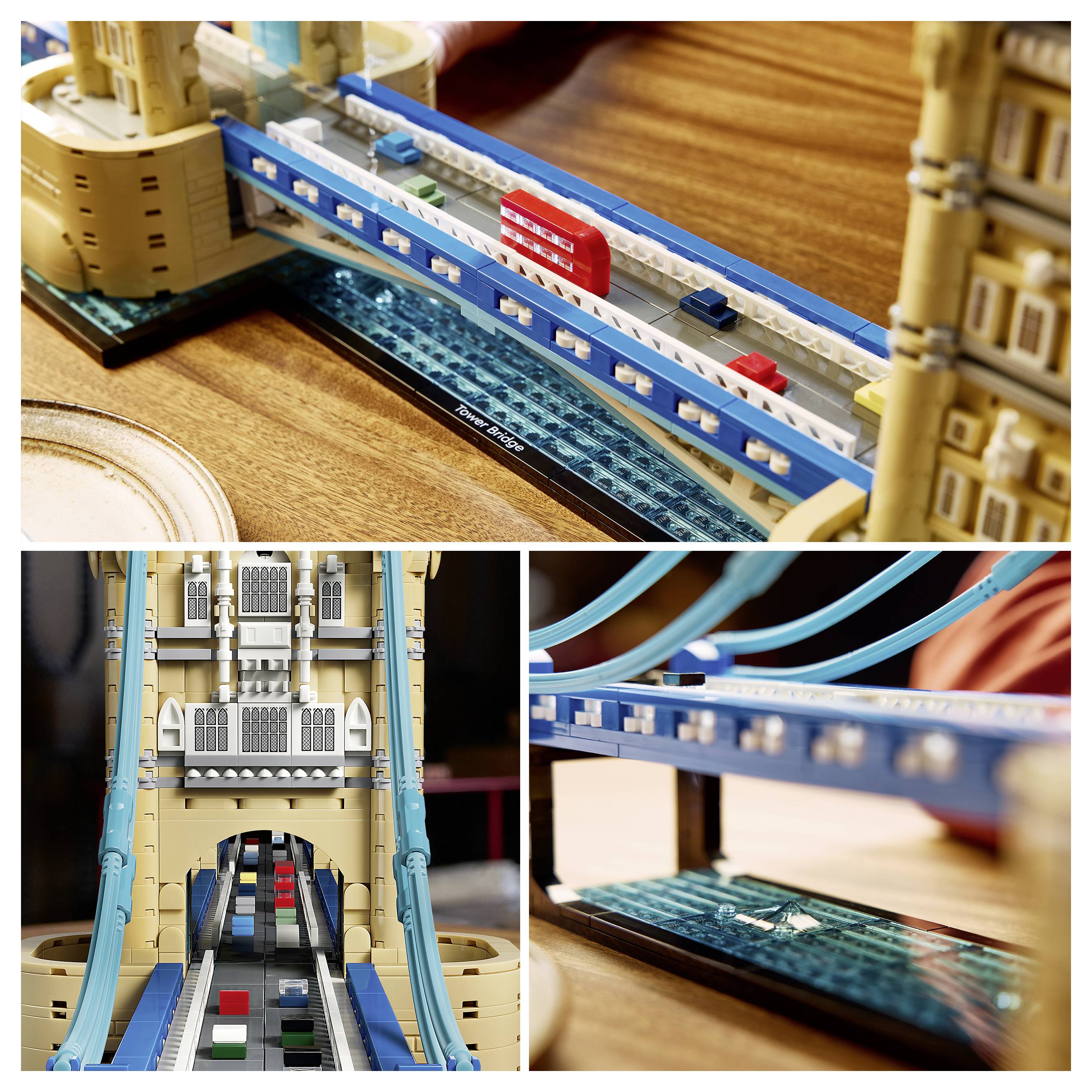 Koláž lego architektonického mostu/modelu s modrými kolejnicemi, fotografie z nadhledu, z přední strany a ze strany na dřevěném stole.