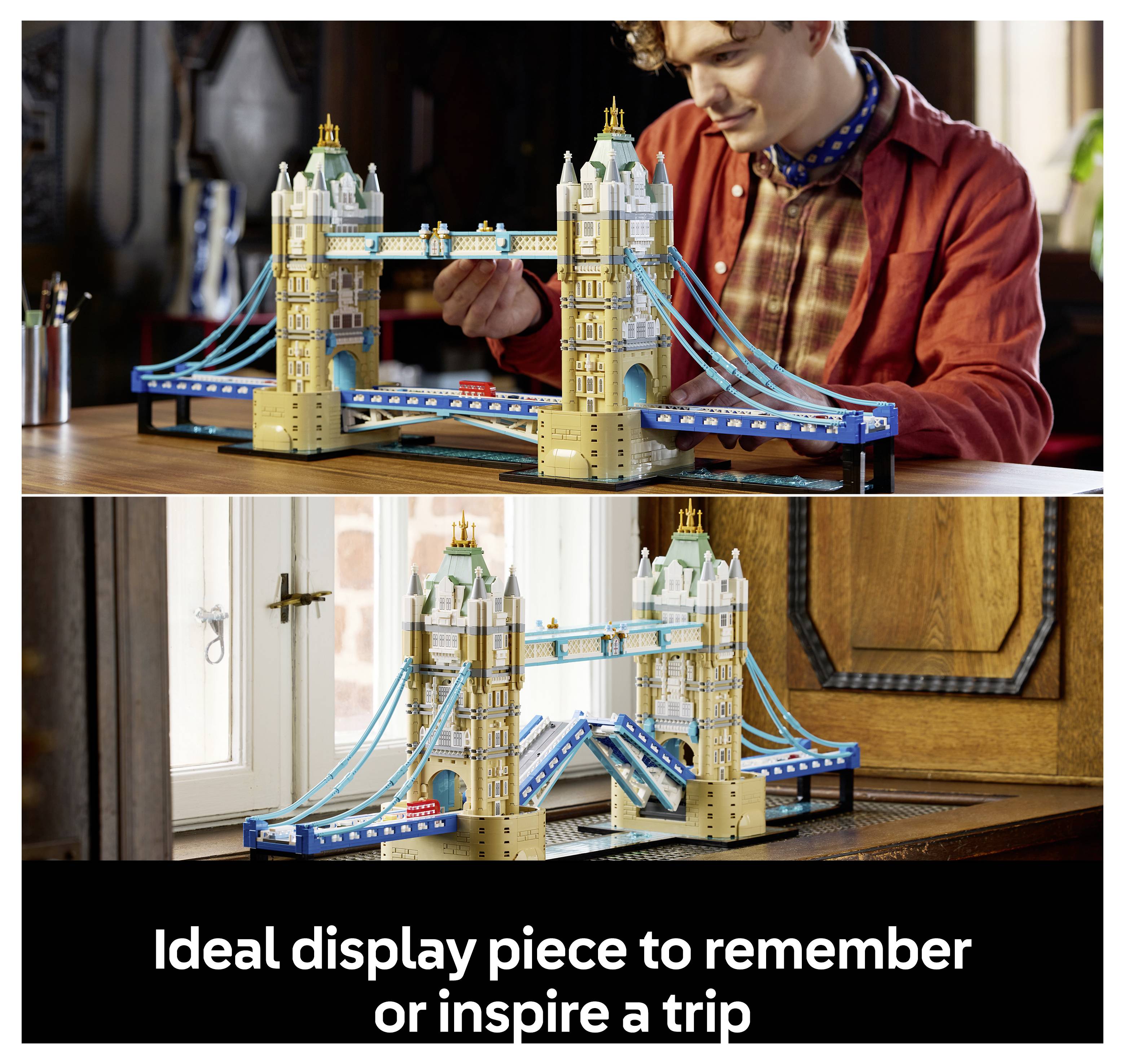 Model věž Tower Bridge ve stylu LEGO vystavený na stole, zobrazený během sestavování a jako hotový vystavený kus s popiskem "Ideální exponát na připomenutí nebo inspiraci k cestě".