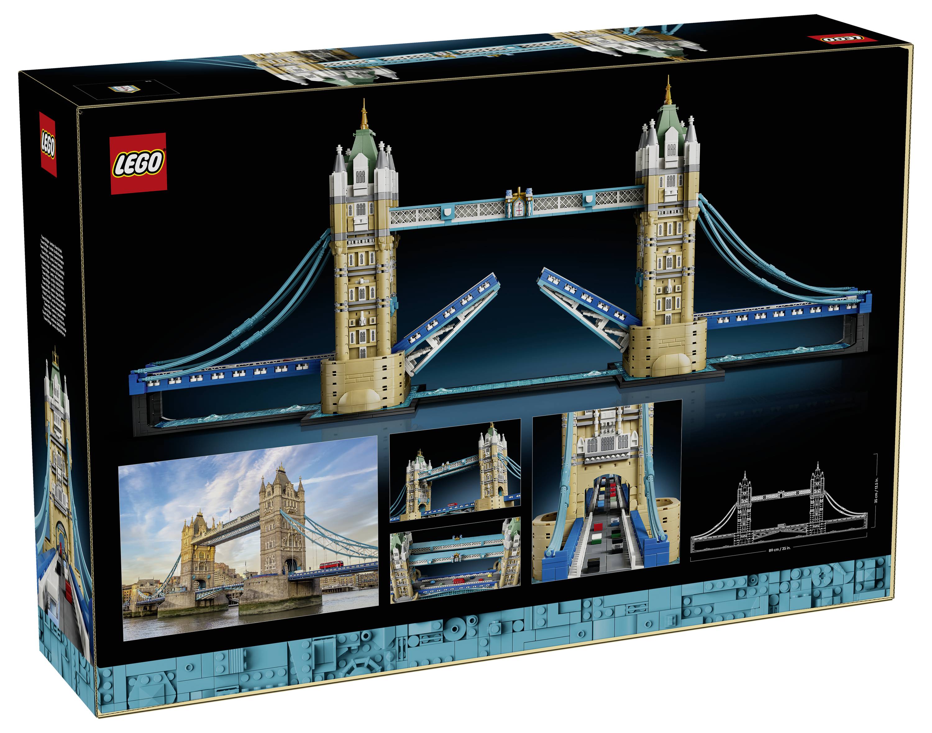 LEGO Architecture sada s krabicí zobrazující model Tower Bridge se dvěma věžemi a zvedacími silnicemi, plus vložené fotografie hotového mostu.