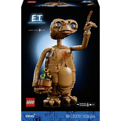 Krabice sady LEGO Ideas zobrazující postavenou figurku E.T. Mimozemi s zářícím hrotem prstu, květinami v nádobách a detaily sady 21370, 1226 kusů.
