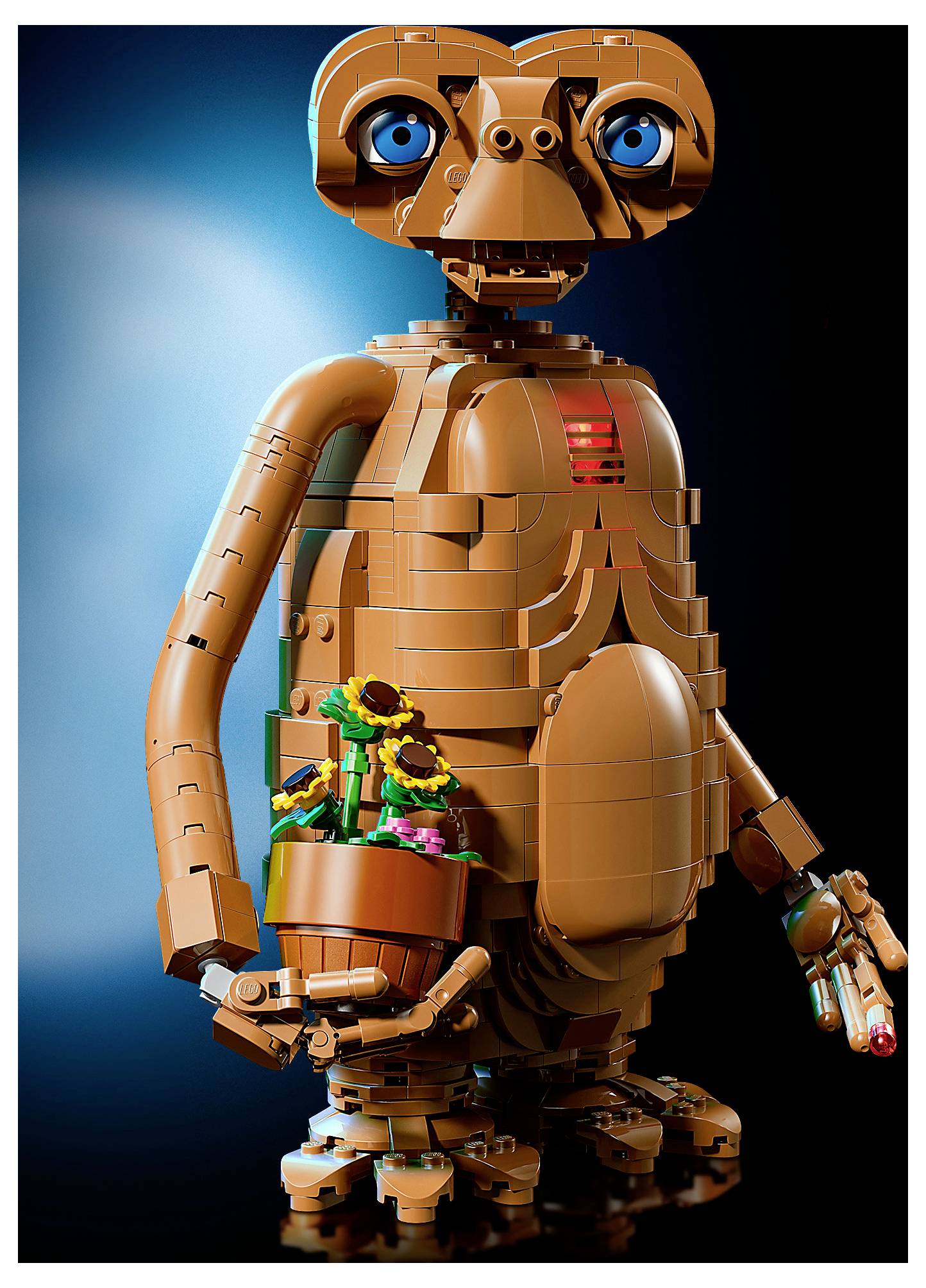 LEGO-stylová figurka robota E.T. držící květináč s rostlinou, stojící před modro-černým gradientním pozadím.