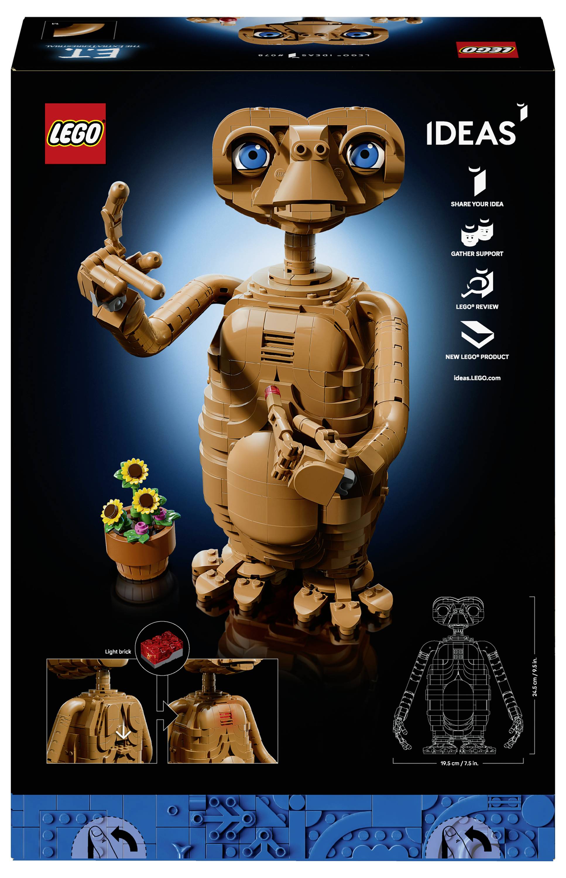 Obalová krabice LEGO Ideas zobrazující hnědou figurku E.T. se vztyčeným prstem, branding "LEGO Ideas" a malé detaily stavby včetně květináče a skic designu.