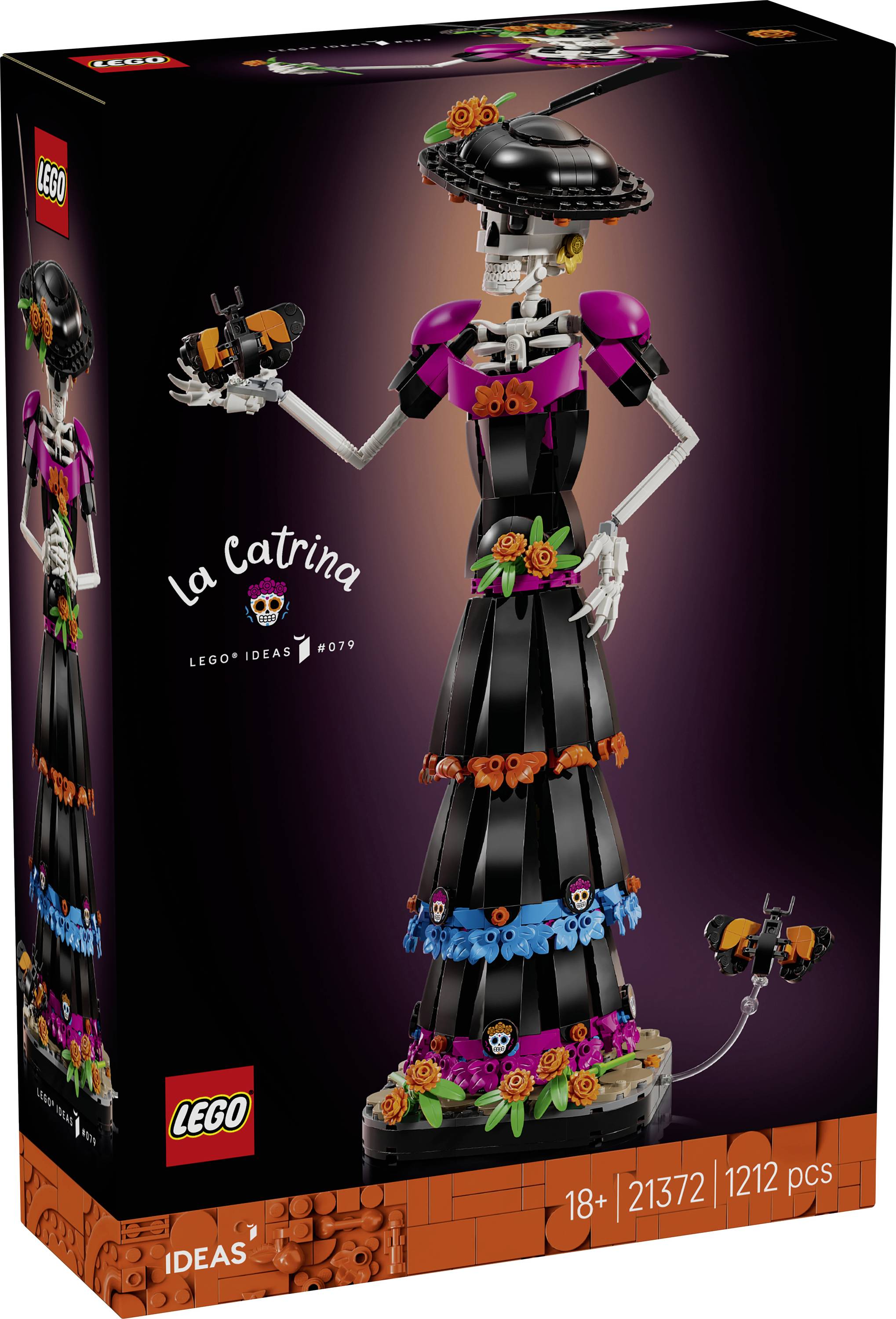 Sada LEGO Ideas La Catrina zobrazená na krabici s dekorovanou kostřou v černých šatech drženou černé kočky, věk 18+, sada 21372, 1212 dílků.