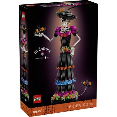 Sada LEGO Ideas La Catrina zobrazená na krabici s dekorovanou kostřou v černých šatech drženou černé kočky, věk 18+, sada 21372, 1212 dílků.