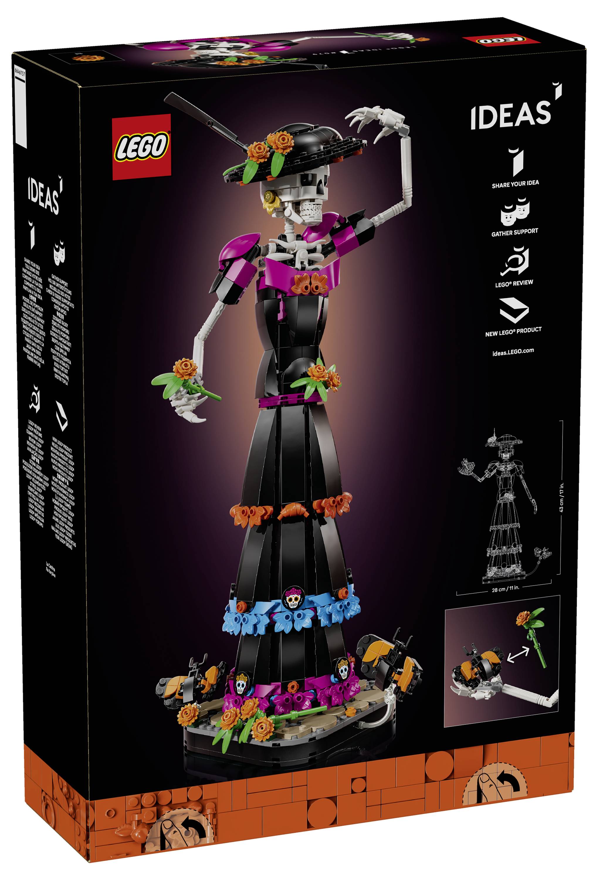 Krabice LEGO Ideas ukazující strašidelnou kostru postavu pokrytou květinami v černých šatech s logem LEGO a označením "IDEAS" na balení.