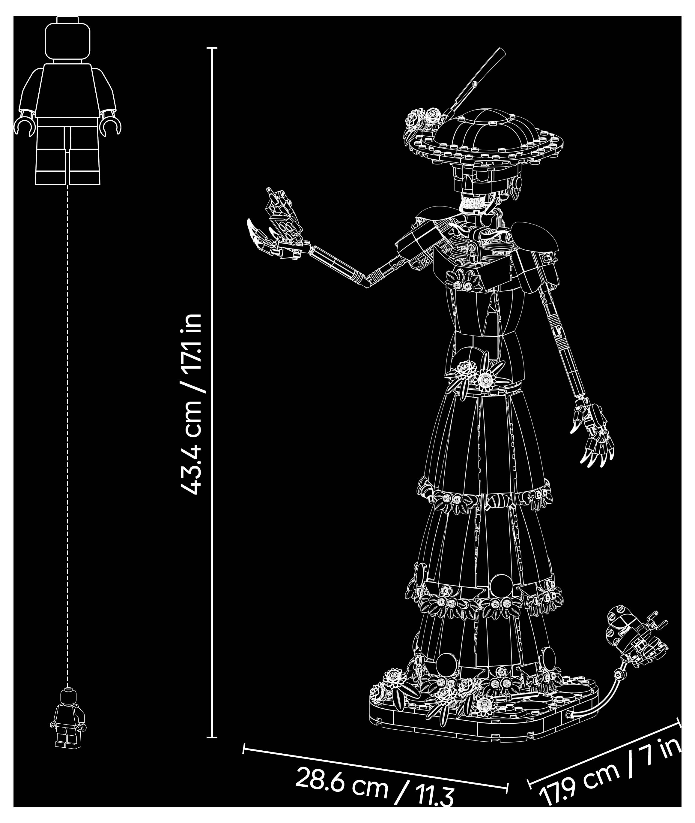 Ilustrace figurky ve stylu Lego s měřením výšky: 43,4 cm (17,1 palce) vysoká, 28,6 cm (11,3 palce) široká a 17,9 cm (7 palců) hluboká.