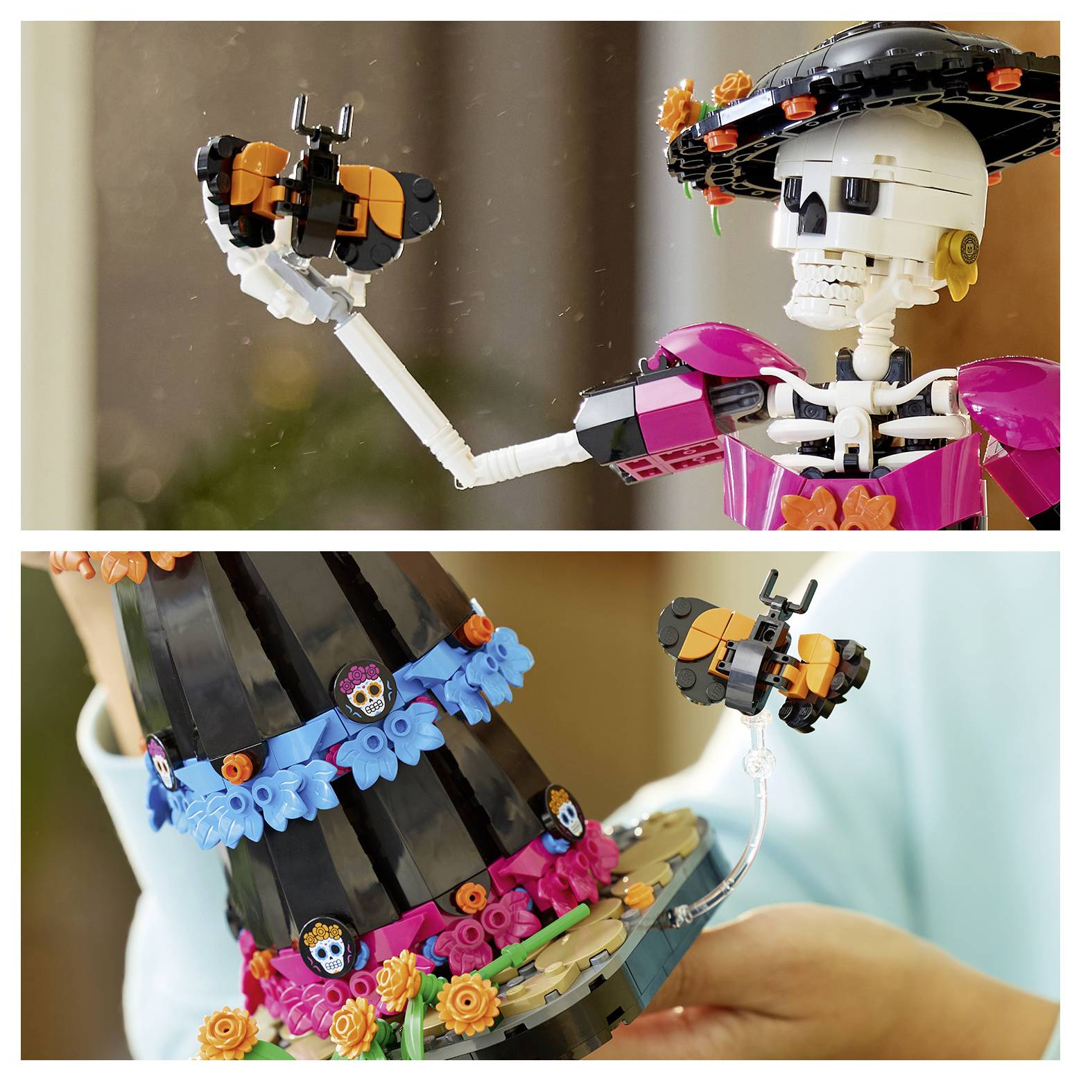Dva kostlikat postavy v stylu LEGO, jeden drží malého ptáčka a druhý je ozdoben květinami, zobrazeny v detailních scénách.