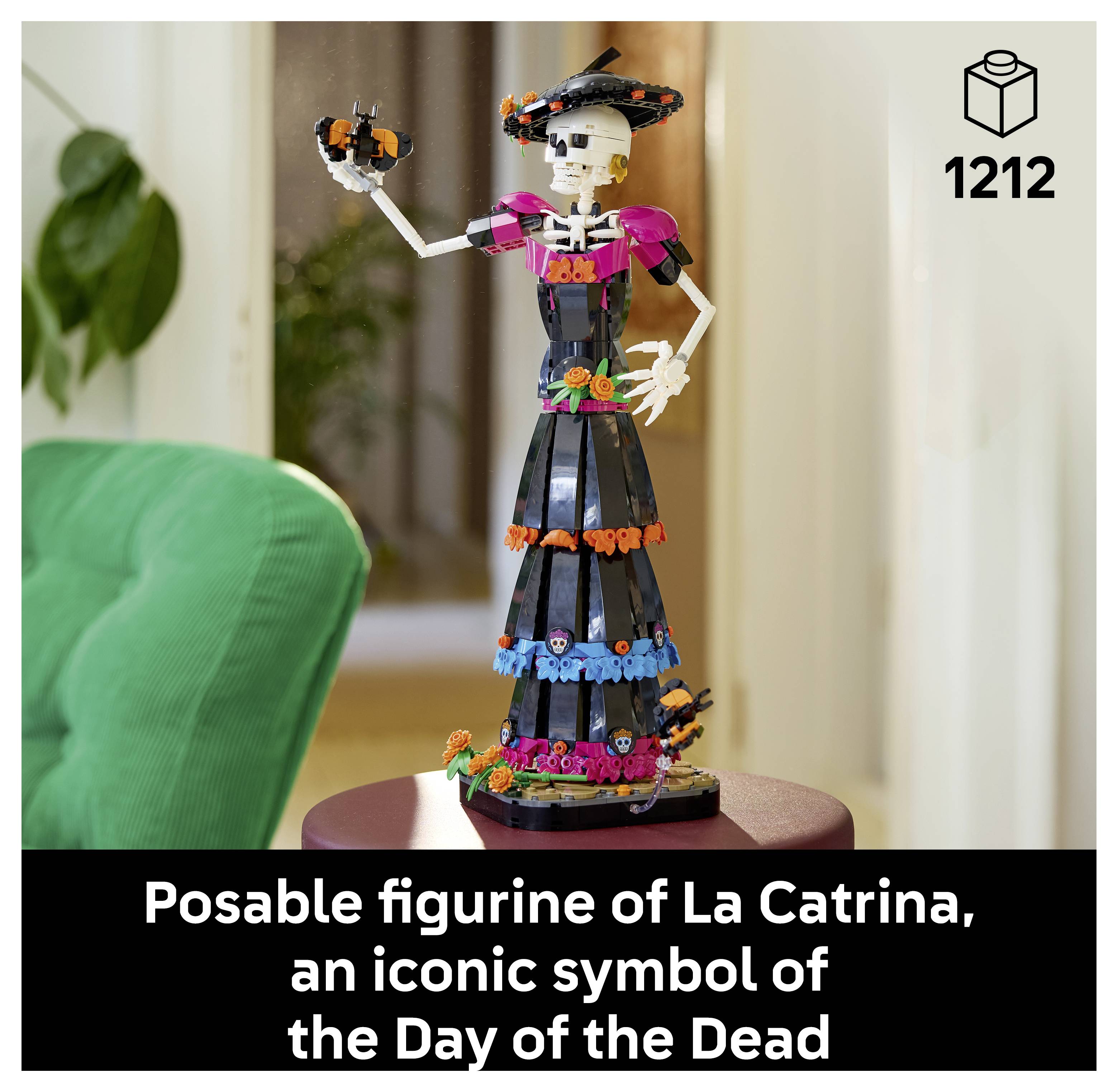 Posovatelná figurka LEGO stylu La Catrina na stole, s textem "1212" a titulkem "Posovatelná figurka La Catriny, ikonického symbolu Dne mrtvých".