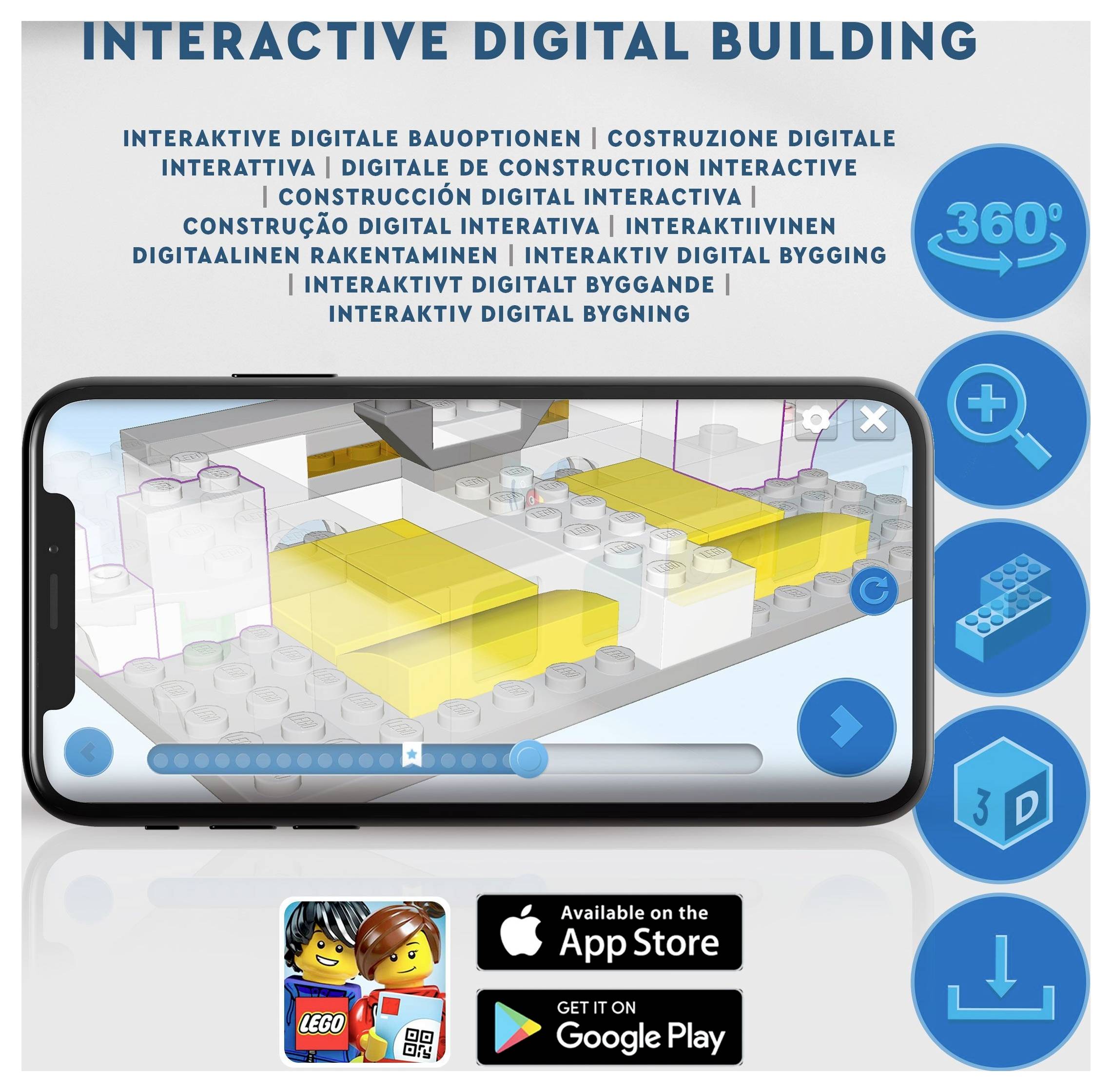 Reklama na interaktivní digitální stavbu LEGO aplikace zobrazující chytrý telefon s 3D modelem budovy a ikony pro 360° zobrazení, přiblížení a stažení.