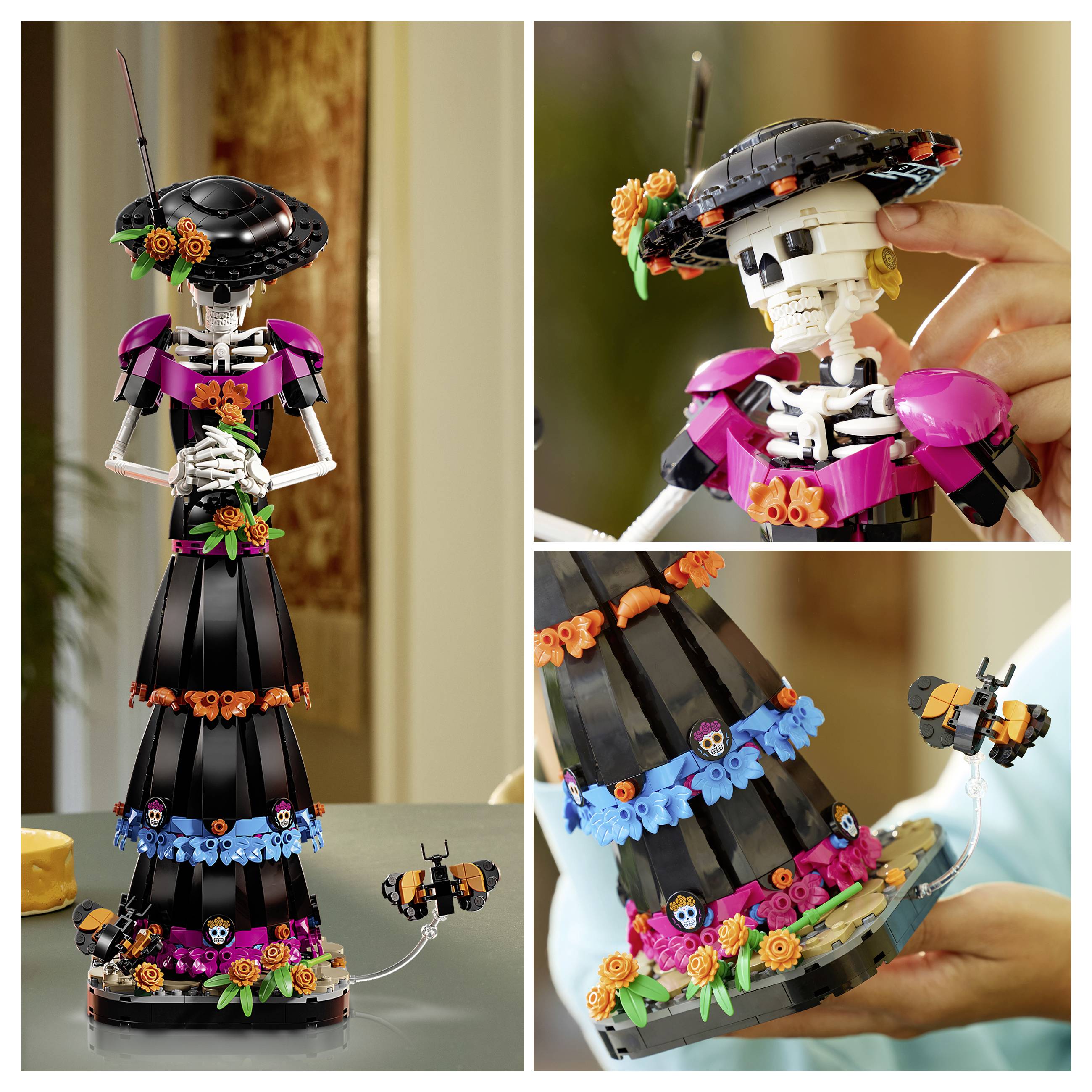 Lego kostlivecová figurína v černých šatech s růžovými rameny a oranžovými květinami, zobrazená v plné délce a v detailních záběrech.