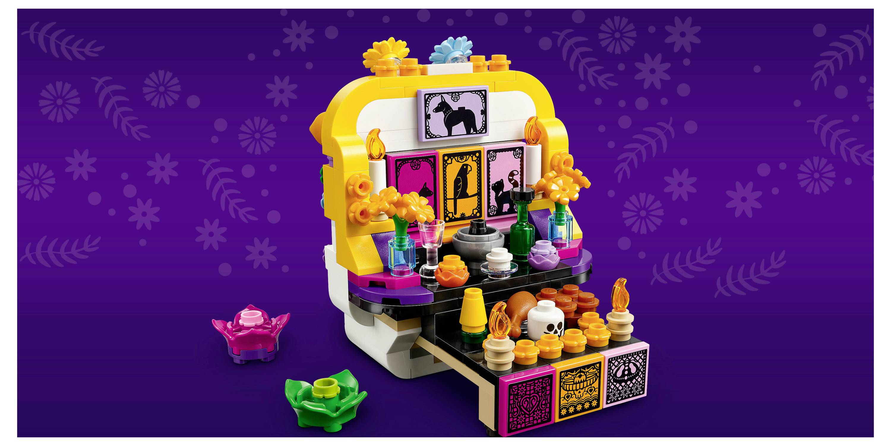 Pestrobarevný stojan nebo displej v stylu LEGO hraček s malými příslušenstvím a částmi minifigurek na fialovém vzorovaném pozadí.