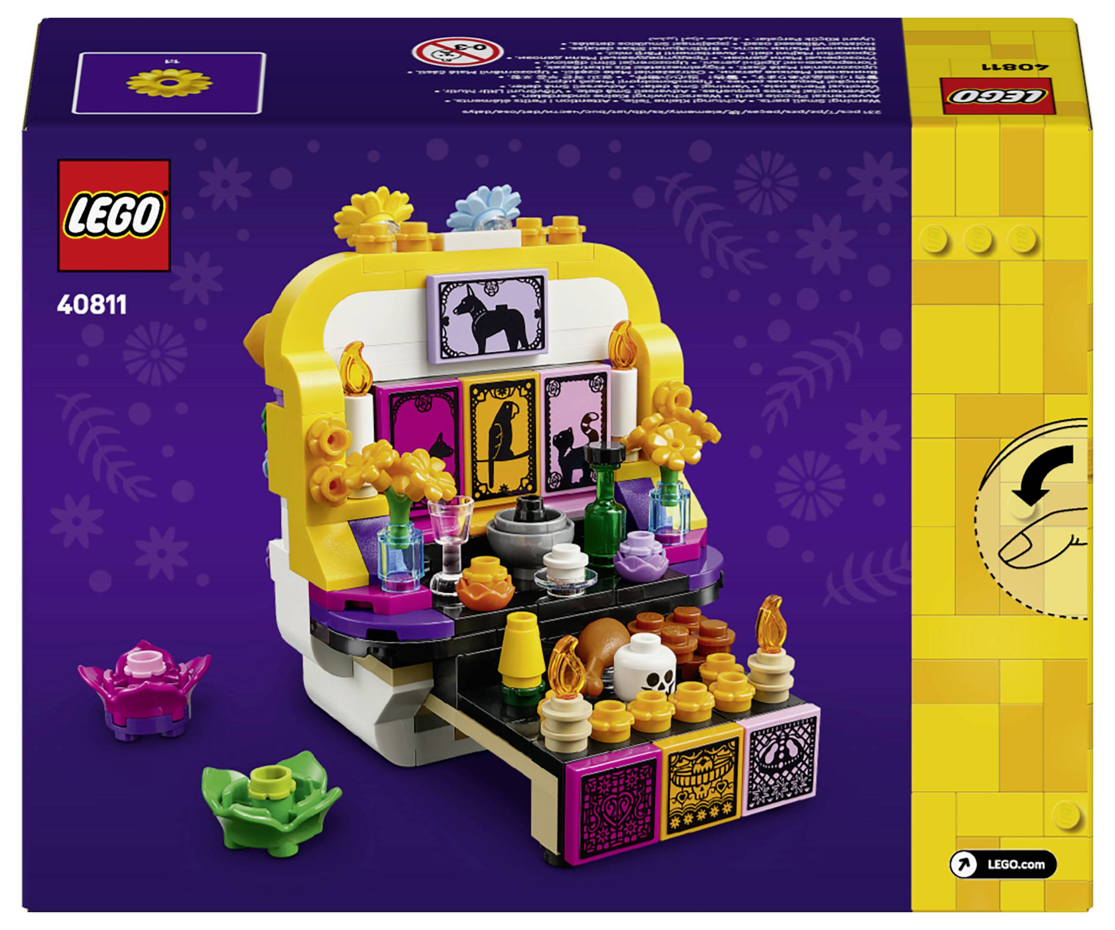 LEGO 40811 obálka krabice ukazující miniaturní vitrínu podobnou svatyni s svíčkami, květinami, malými miskami a dekorativními panely na fialovém pozadí.