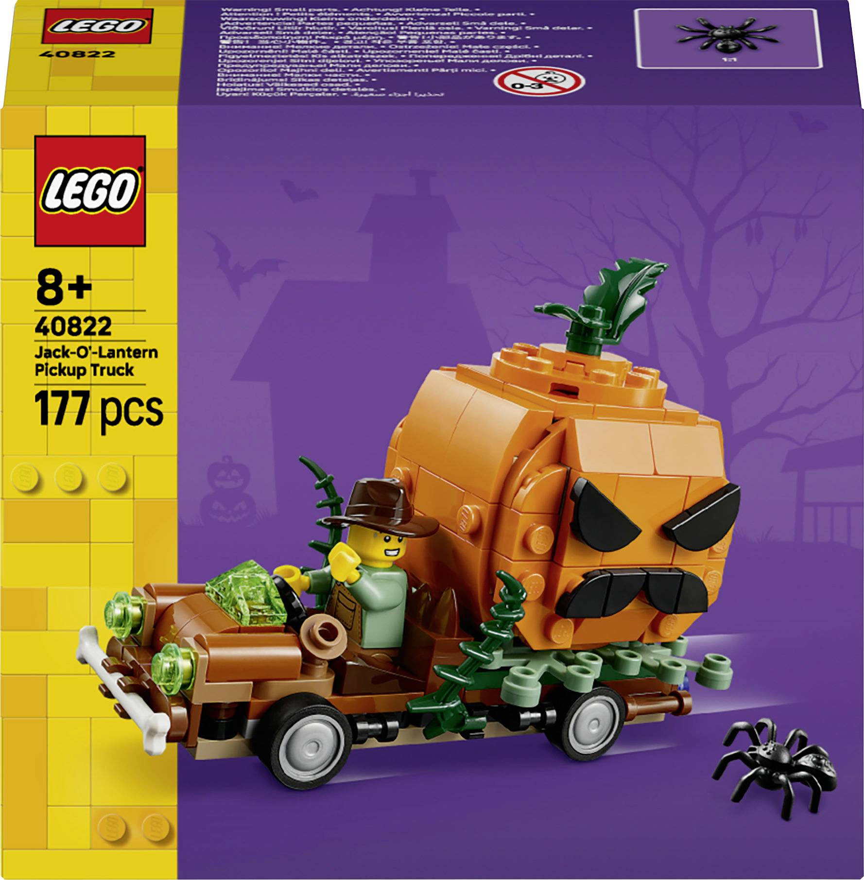 LEGO sada 8+ číslo 40822 "Dýňové auto Pickup", 177 dílů, znázorňující dýňové auto se zabudovanou figurkou čarodějnice a pavouka.