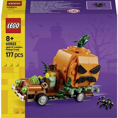 LEGO sada 8+ číslo 40822 "Dýňové auto Pickup", 177 dílů, znázorňující dýňové auto se zabudovanou figurkou čarodějnice a pavouka.