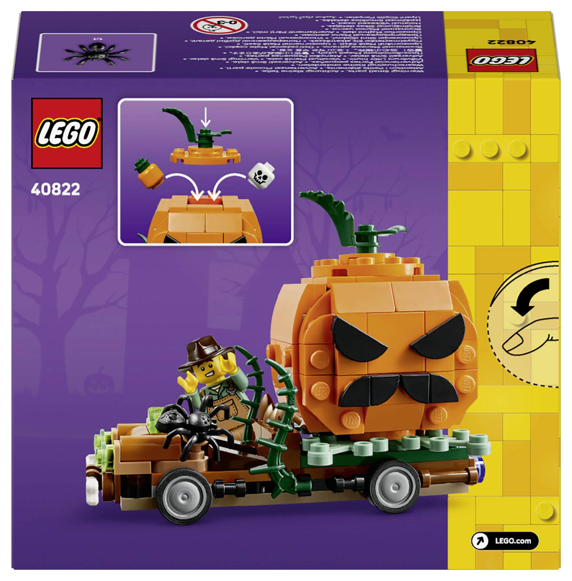 Krabička sady LEGO Spider and Pumpkin Manor s ukazující vozidlem s головou dýně a řidičem minifigurky a příslušenstvím pavouka, sada 40822.