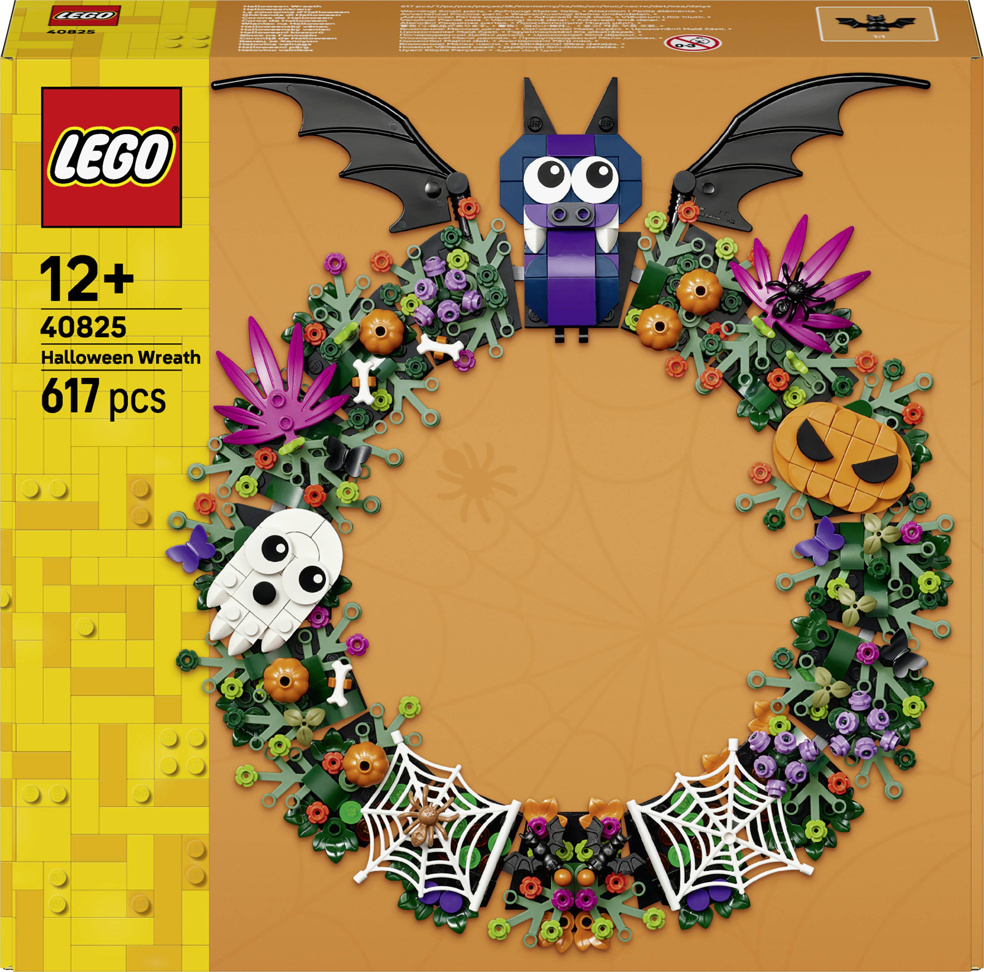 LEGO "Halloween věnec" sada s boxem zobrazujícím kruhový věnec s netopýry, lebkou, pavučinami, dýněmi a květinami; 12+, 617 dílů.