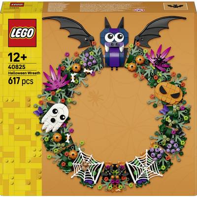 LEGO "Halloween věnec" sada s boxem zobrazujícím kruhový věnec s netopýry, lebkou, pavučinami, dýněmi a květinami; 12+, 617 dílů.