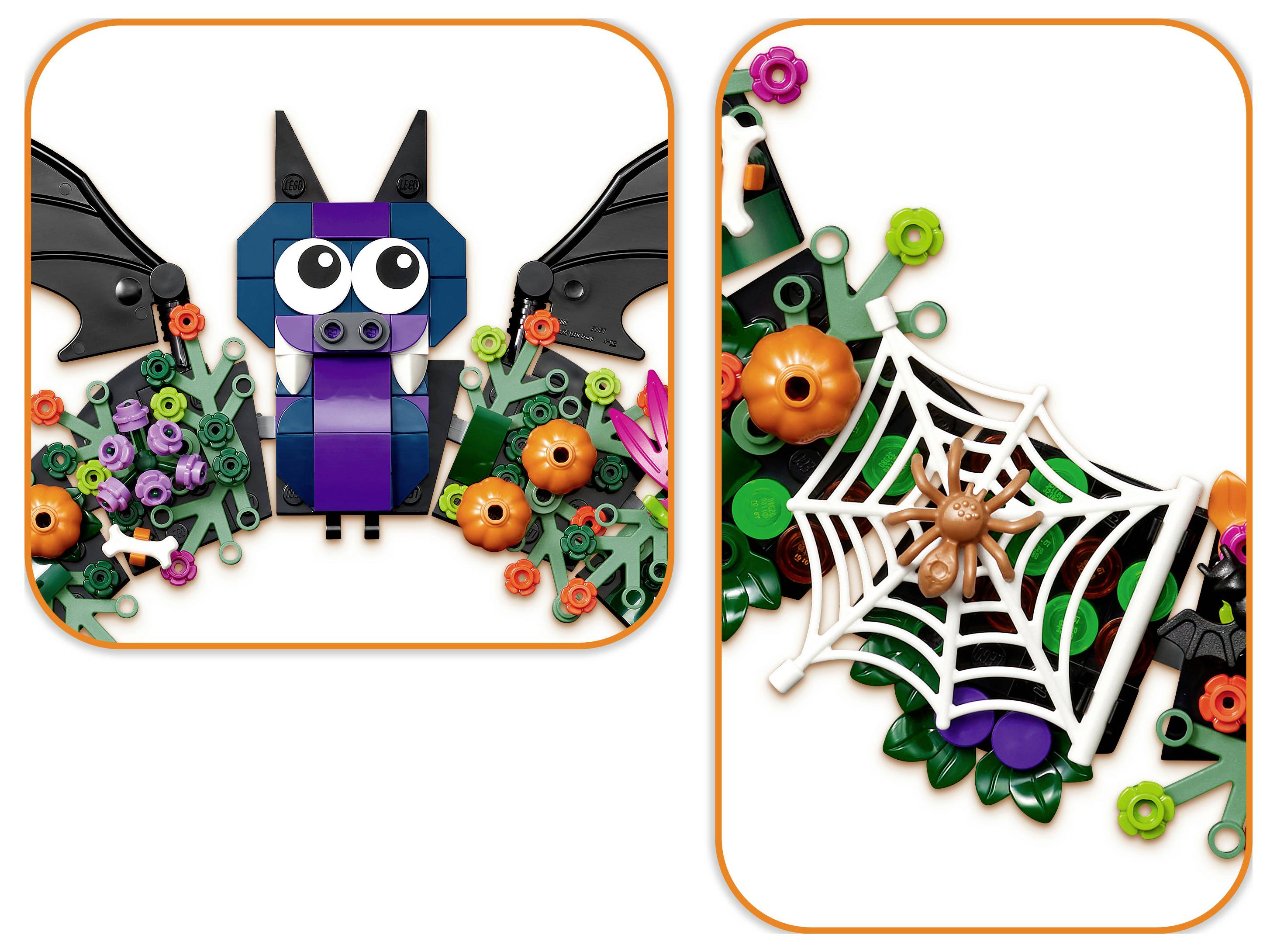 Dvě stavby netopýra ve stylu LEGO na téma Halloween: přední pohled s velkými očima a křídly, a detailní záběr ukazující bílou pavučinu s pavoukem mezi dýněmi a listy.