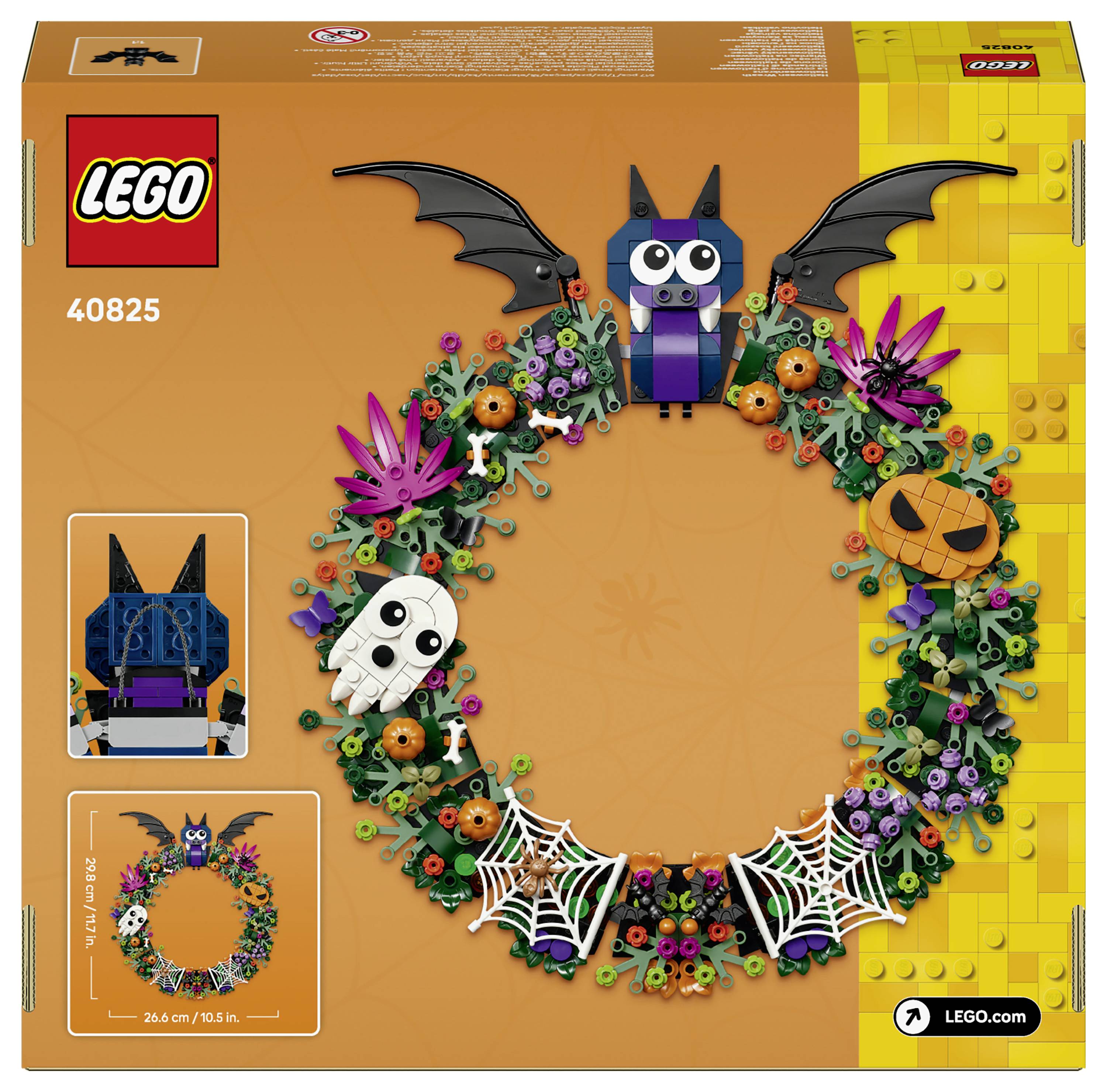 LEGO sada 40825 obal zobrazující podzimní věnec s netopýrem, lebkou, pavučinami, květinami a středem tvaru dýně jack-o'-lantern.