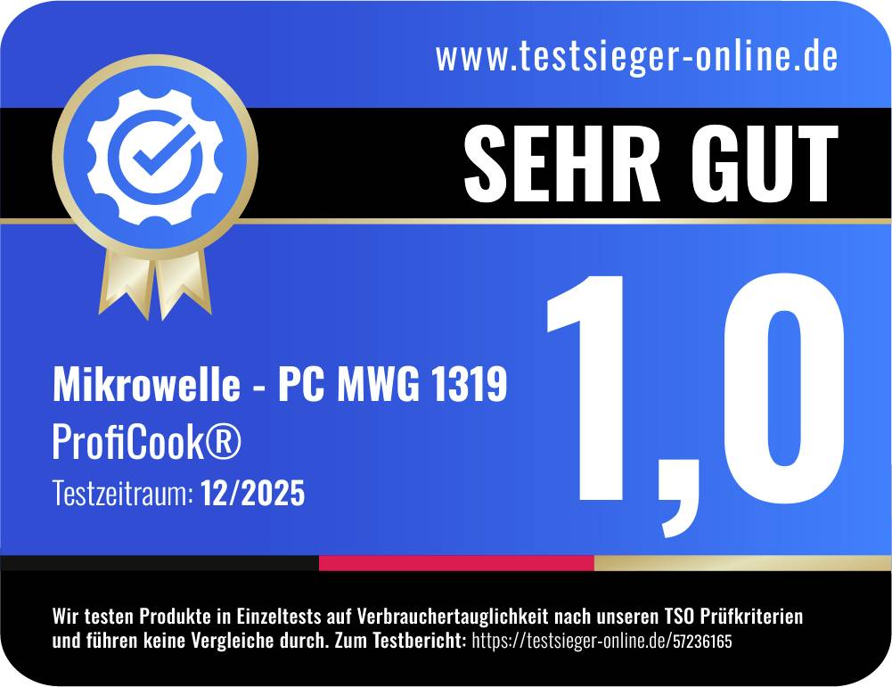 Certifikační značka od testsieger-online.de s hodnocením „VELMI DOBRÉ" pro „Mikrovlnná trouba - PC MWG 1319 ProfiCook®", známka 1,0, testovací období 12/2025.
