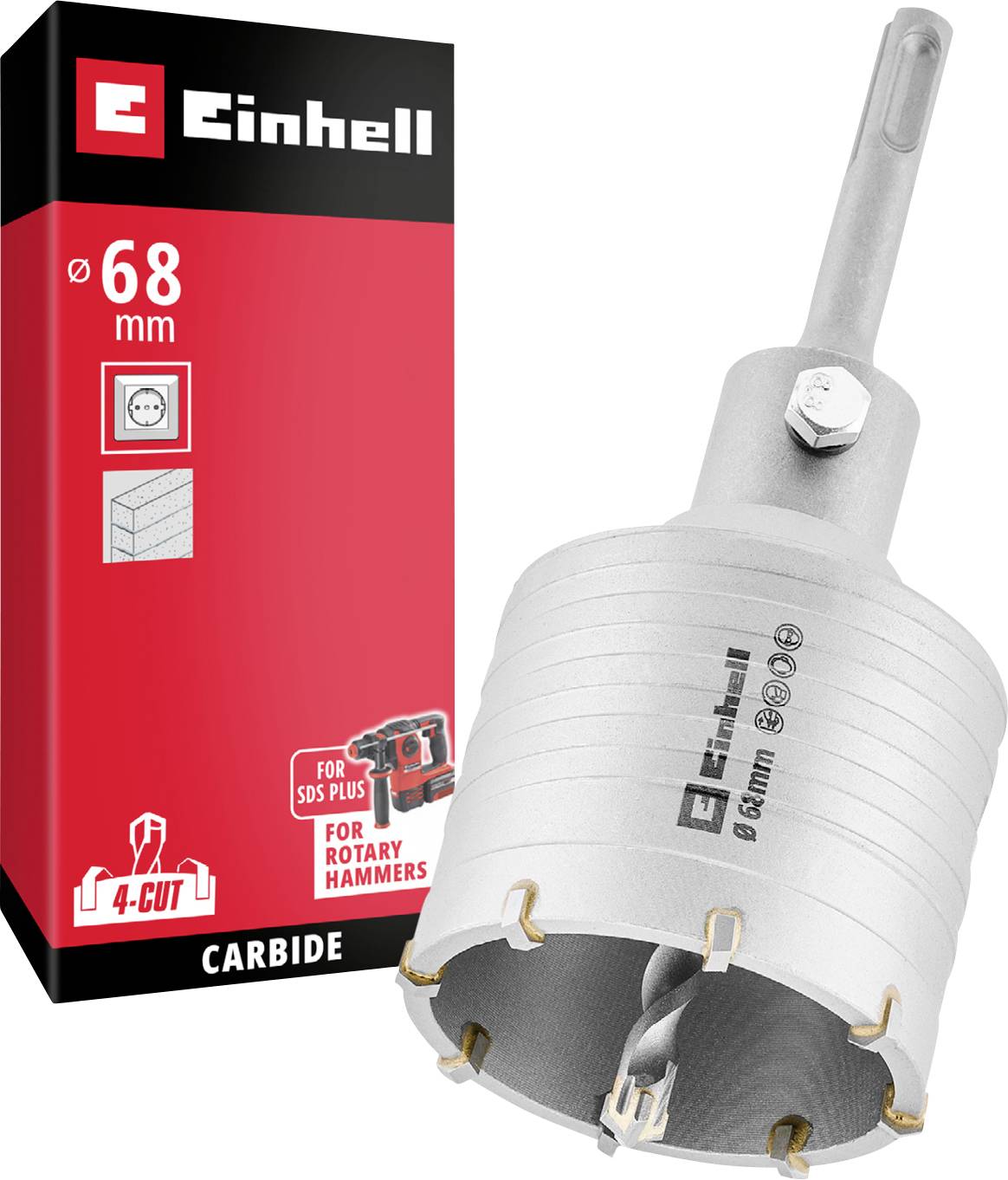 Vrtací korunka Einhell 68 mm tvrdokov s balením pro rotační kladiva SDS Plus.
