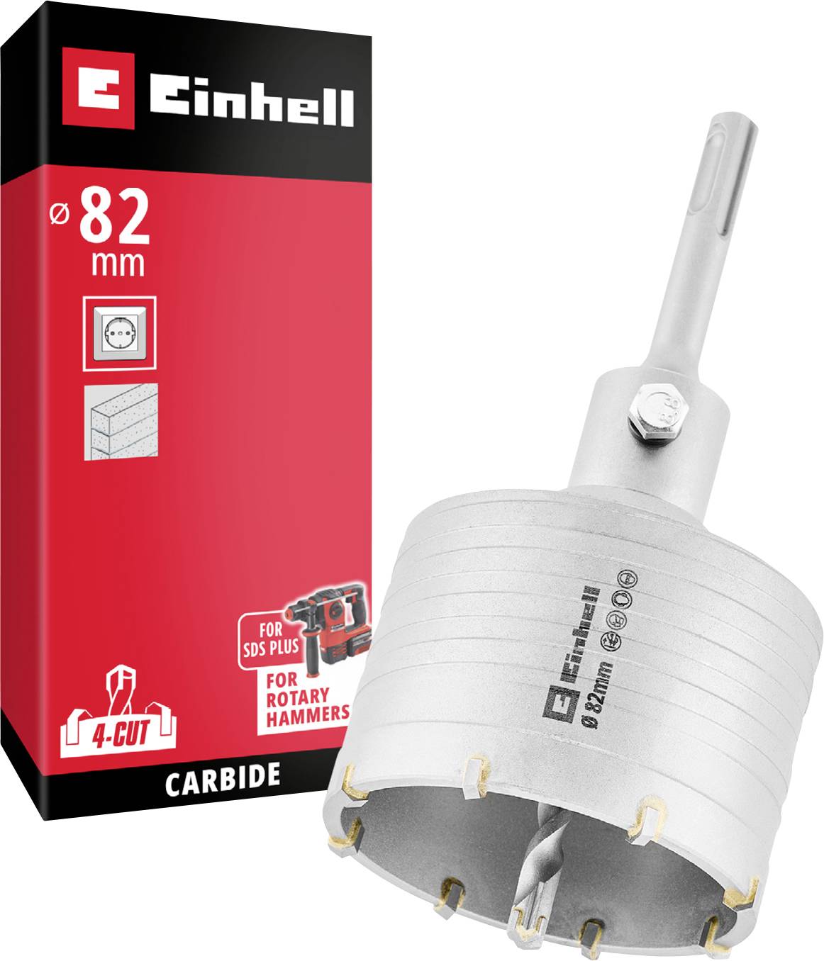 Vrtací korunka Einhell 82 mm z karbidu pro rotační kladiva, zobrazena se schránkou produktu a adaptérem třmenu SDS Plus.