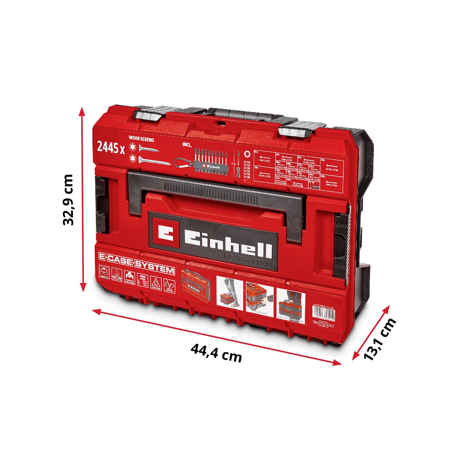 Červený kufr na nářadí Einhell E-Case-System zobrazený s rozměry 44,4 cm na šířku, 32,9 cm na výšku a 13,1 cm na hloubku.