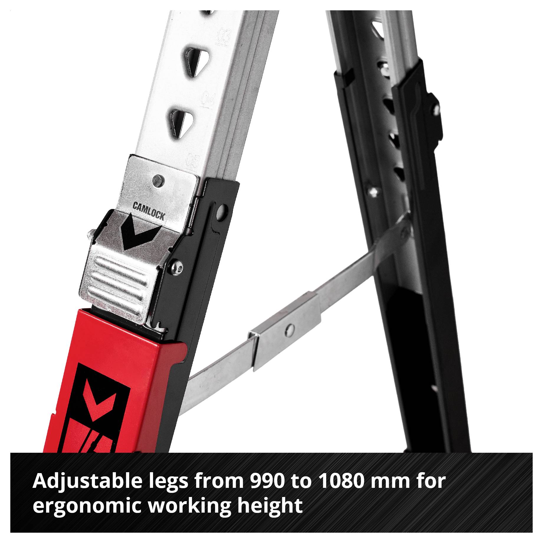 Nastavitelné nožičky lešení nebo pracovního stolu od 990 do 1080 mm, nastavitelné pro ergonomickou práci.