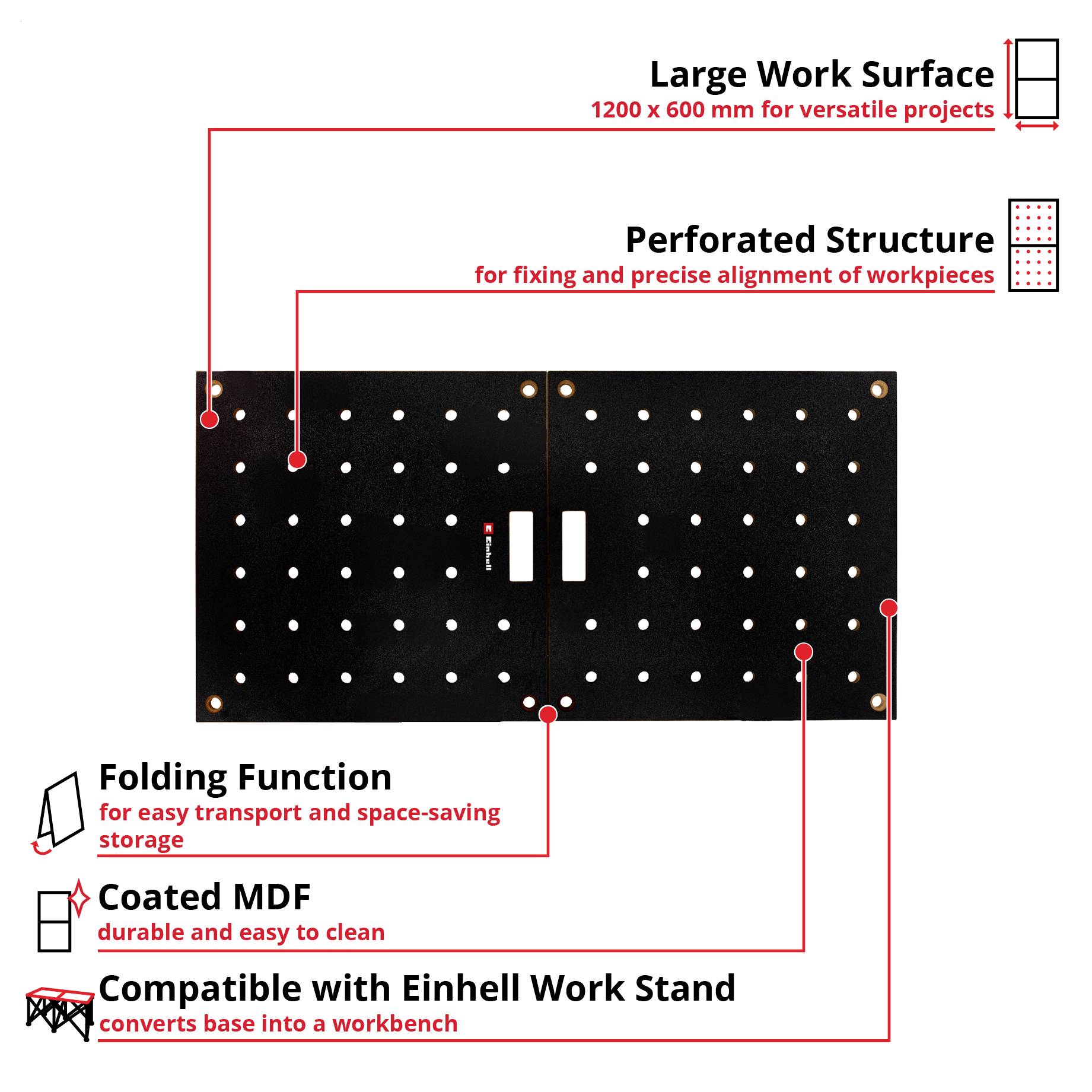 Infografika perforované desky pro obrobky: velká pracovní plocha 1200×600 mm, otvorová struktura pro upevnění, sklopná funkce, lakované MDF, kompatibilní se stojanem Einhell.