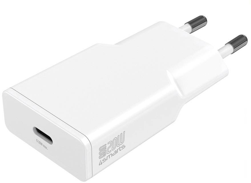Bílá nabíječka do zásuvky 4smarts s USB a evropskou zástrčkou a dvěma tkanými nabíjecími kabely: Lightning a USB-C konektory