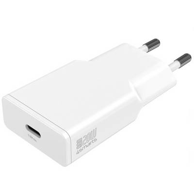 Bílá nabíječka do zásuvky 4smarts s USB a evropskou zástrčkou a dvěma tkanými nabíjecími kabely: Lightning a USB-C konektory