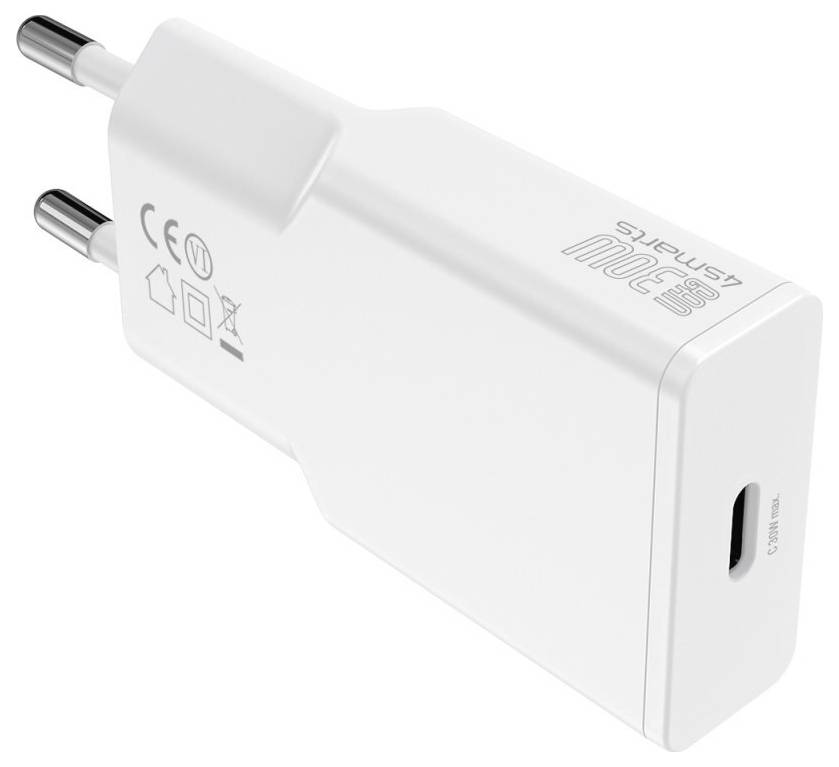 Bílá 30W nabíječka do zásuvky s USB-C s dvěma kulatými kolíky evropské zásuvky a jedním portem USB-C na přední straně