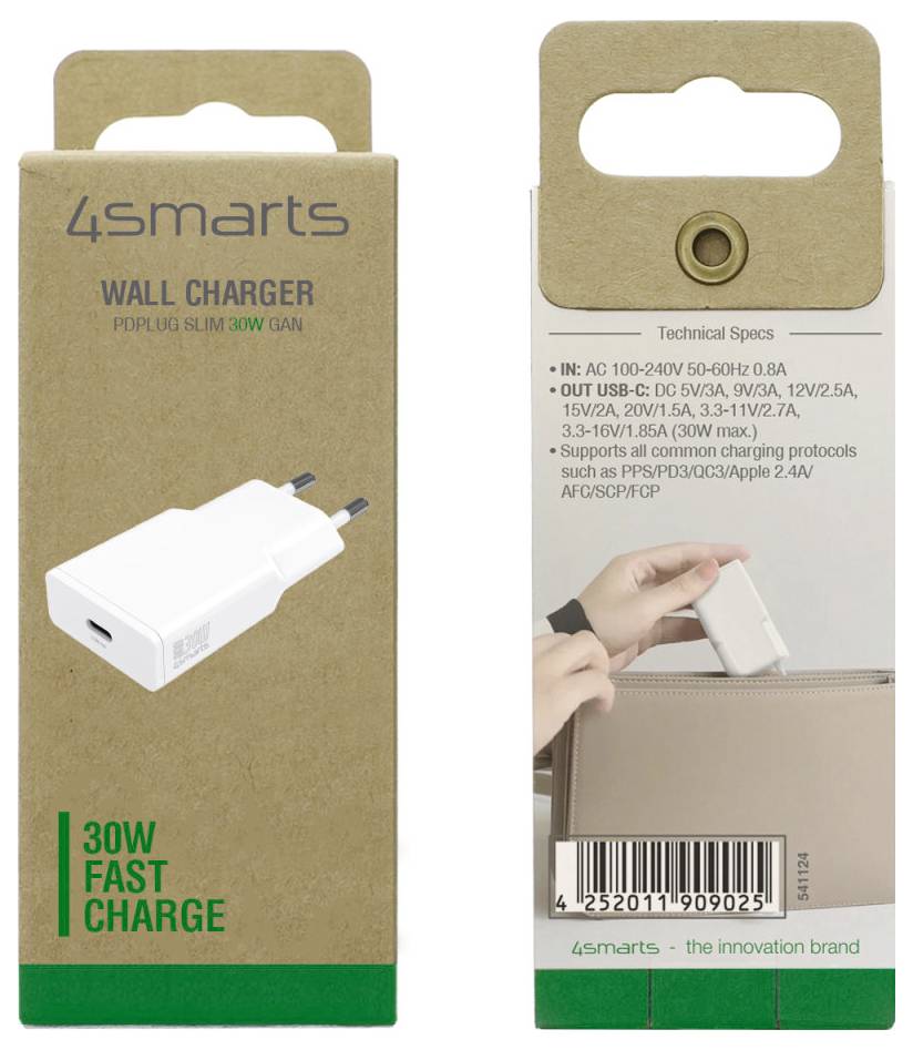Balení nabíjačky 4smarts 30W USB-C do sítě, na kterém je vidět nabíjačka a klíčové specifikace na krabici.