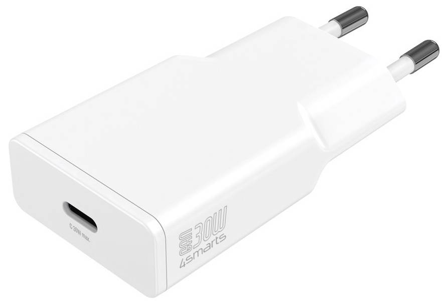 Bílá 30W nabíječka USB-C do zásuvky s EU dvoupólovým zástrčkou, zobrazená v úhlu na bílém pozadí.