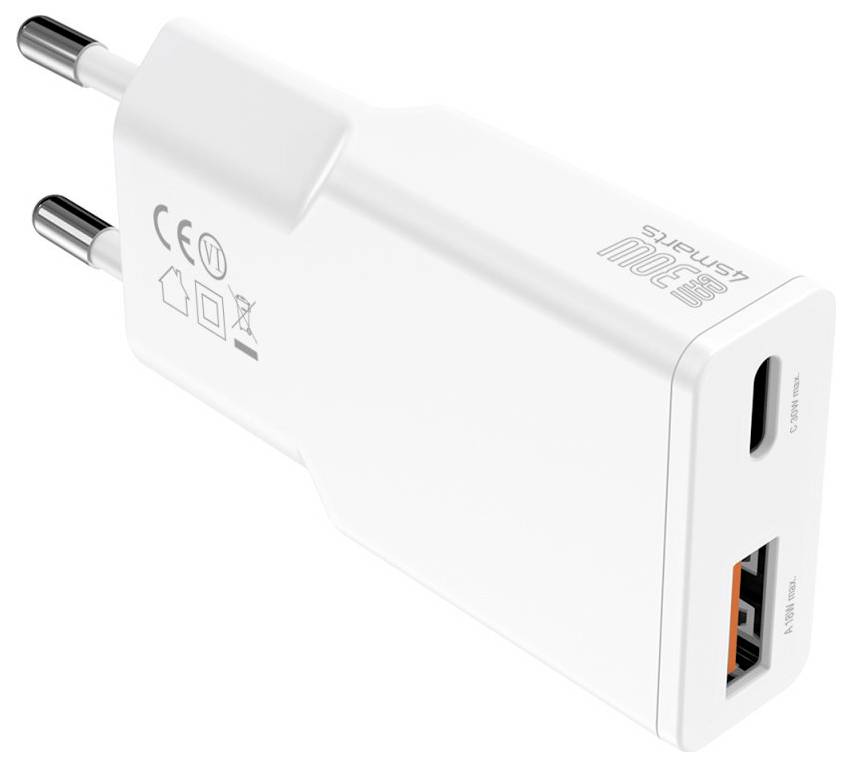 Bílá dvouportová nástěnná nabíječka s EU zástrčkou, portem USB-C a portem USB-A, označena jako 33W rychlonabíječka.