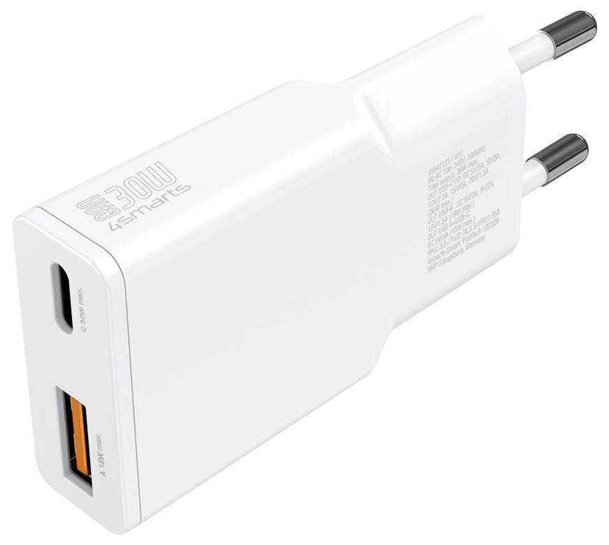Bílá 30W USB-C síťová nabíječka s jedním portom USB-C a jedním oranžovým portem USB-A, zobrazena v úhlovém pohledu produktu.