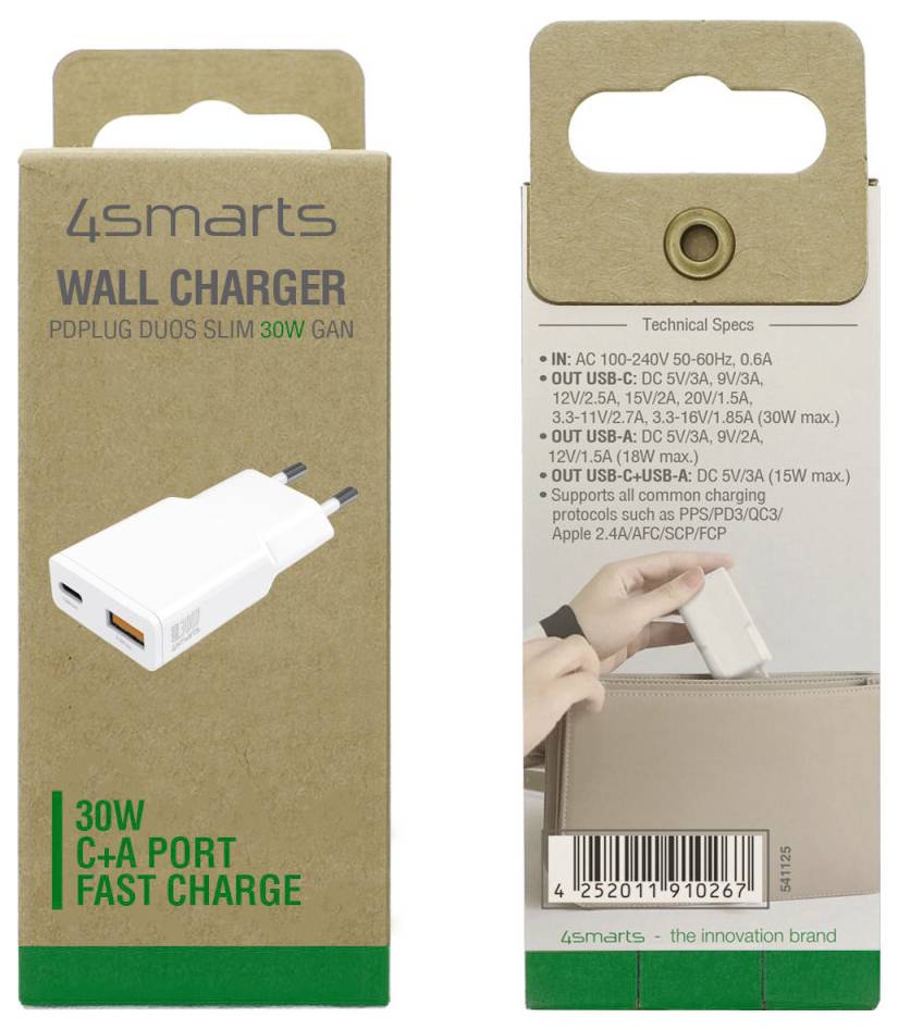 Balení pro nástěnný nabíječ 4smarts 30W s porty USB-C a USB-A; přední strana zobrazuje nabíječ a text o rychlém nabíjení, zadní strana uvádí technické specifikace.