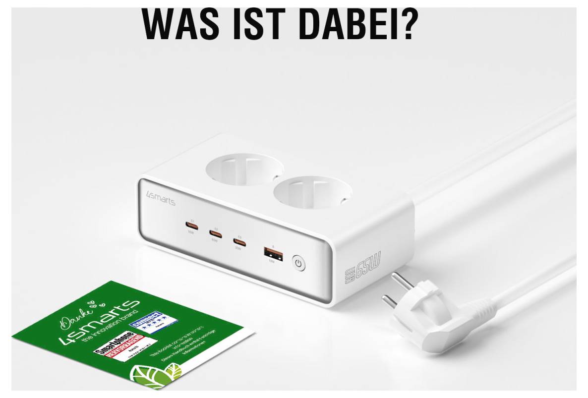 Bílý prodlužovací kabel se dvěma zásuvkami, porty USB a zástrčkou vedle zelené brožury; nadpis v horní části říká „CO JE V BALENÍ?"